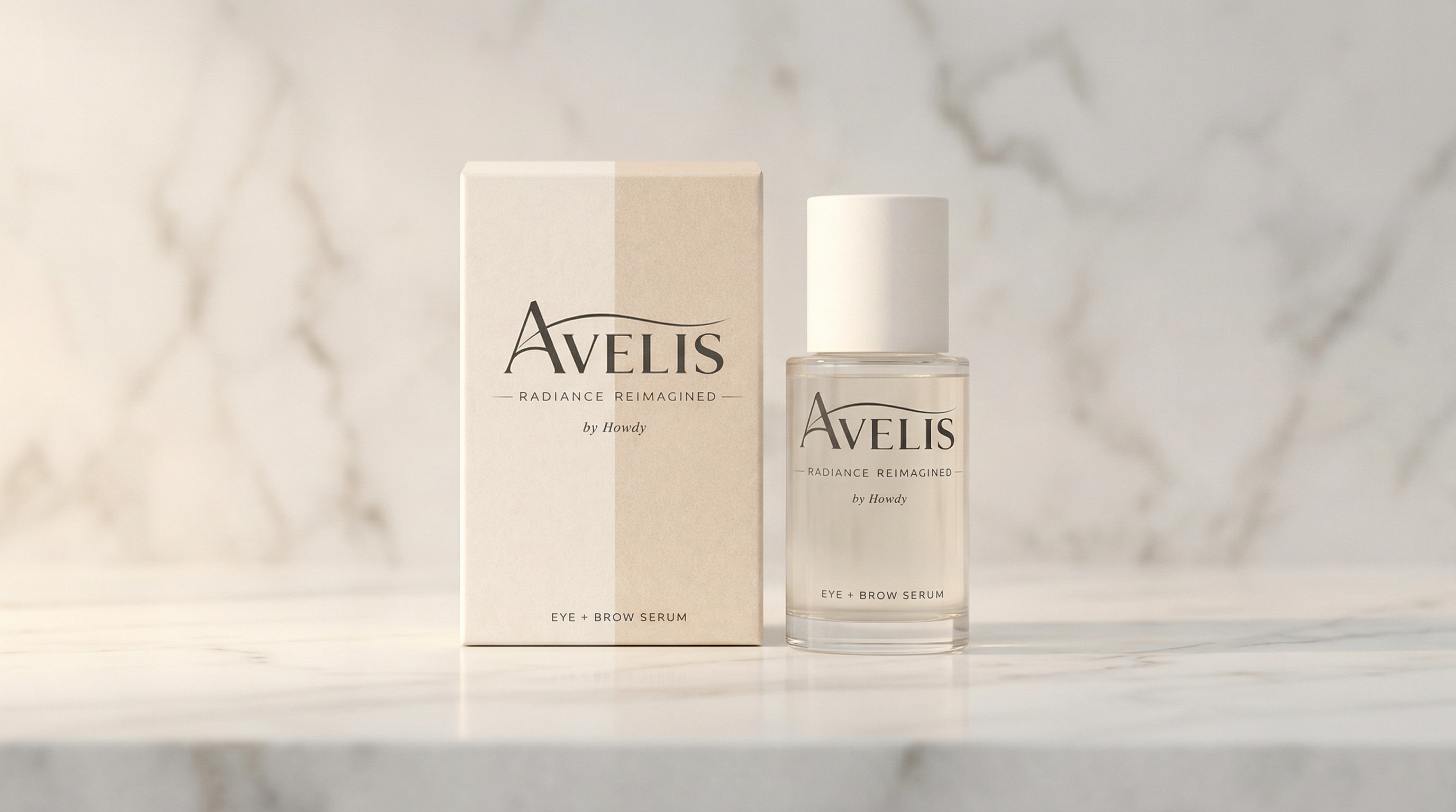 Avelis Eye + Brow Serum - box and bottle on marble