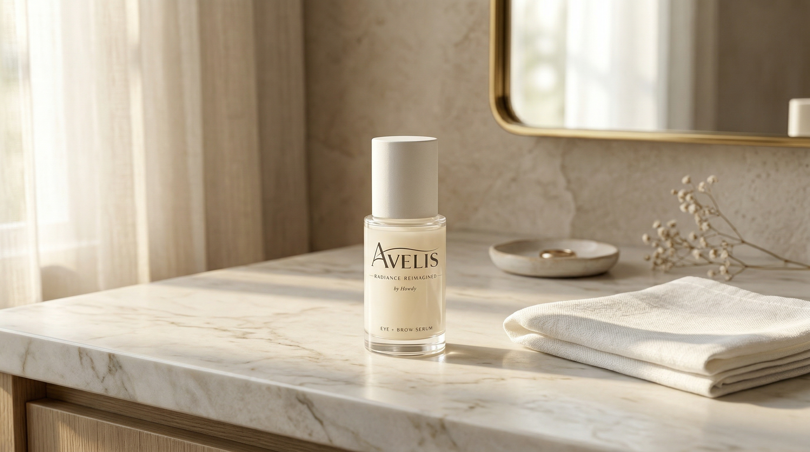 Avelis Eye + Brow Serum styled on a luxury marble vanity