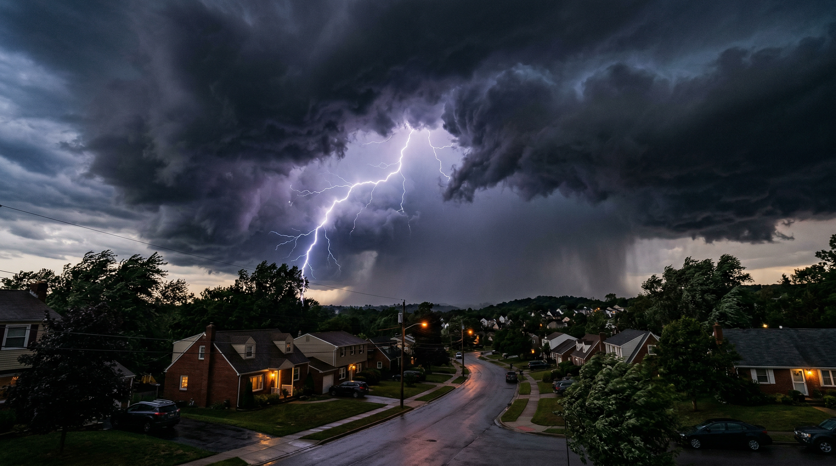 Dramatic lightning storm over a residential neighborhood