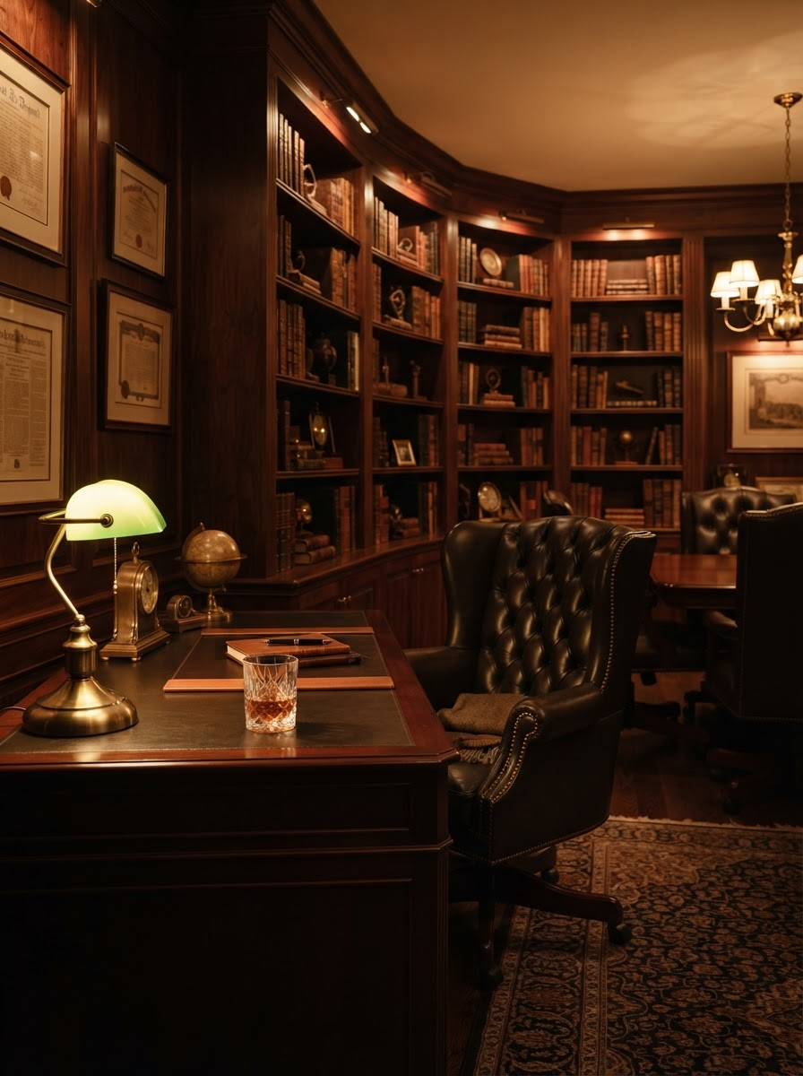 A private executive boardroom with warm wood paneling and amber lighting