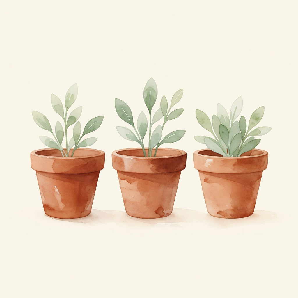 Three small terracotta plant pots watercolor illustration