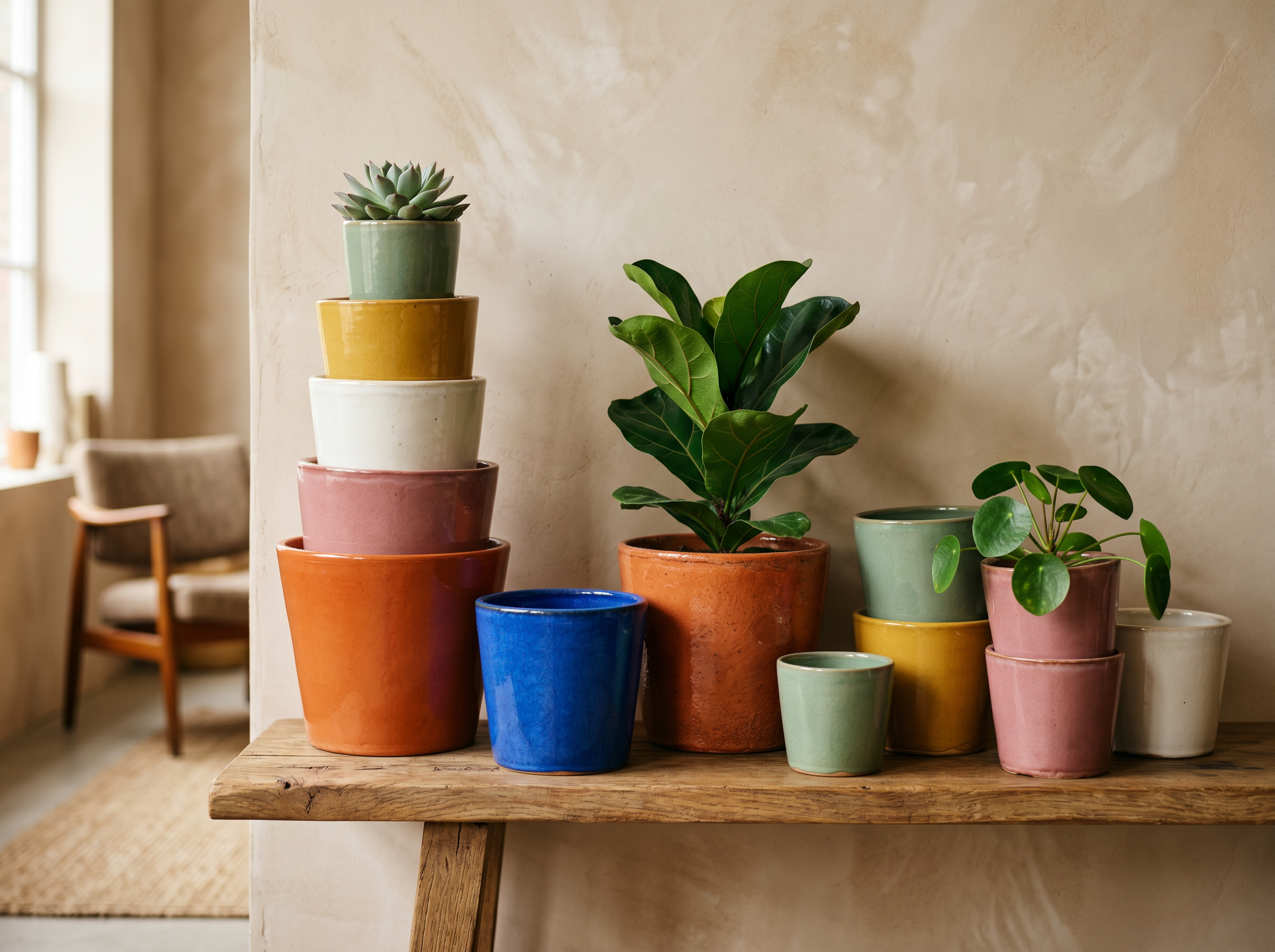 Colorful ceramic plant pots in various sizes