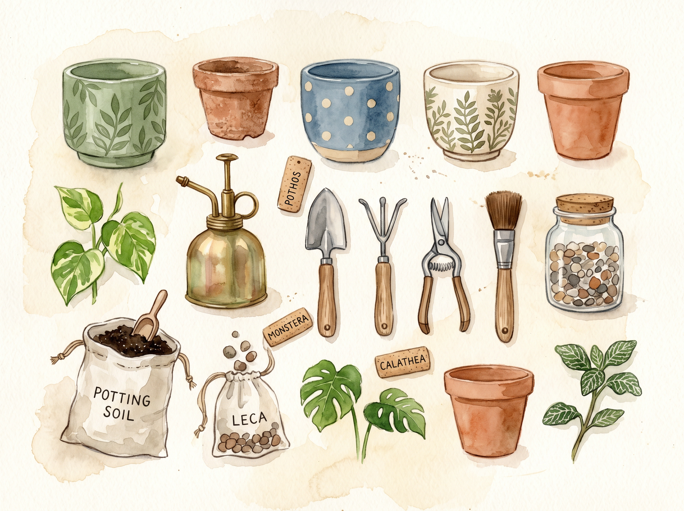 Watercolor illustration of apartment plant care supplies including decorative pots, brass mister, soil bags, and mini tools