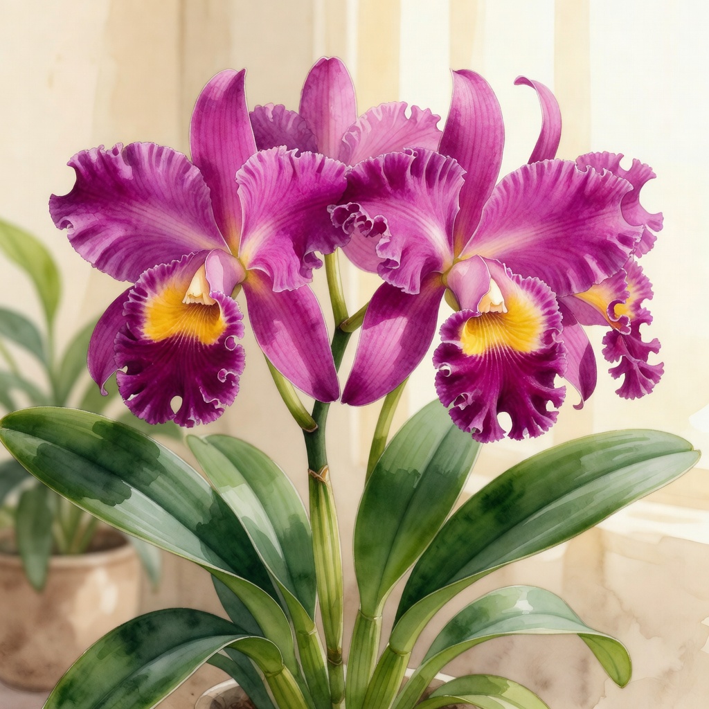 Watercolor illustration of a Cattleya orchid with vibrant magenta and purple ruffled blooms