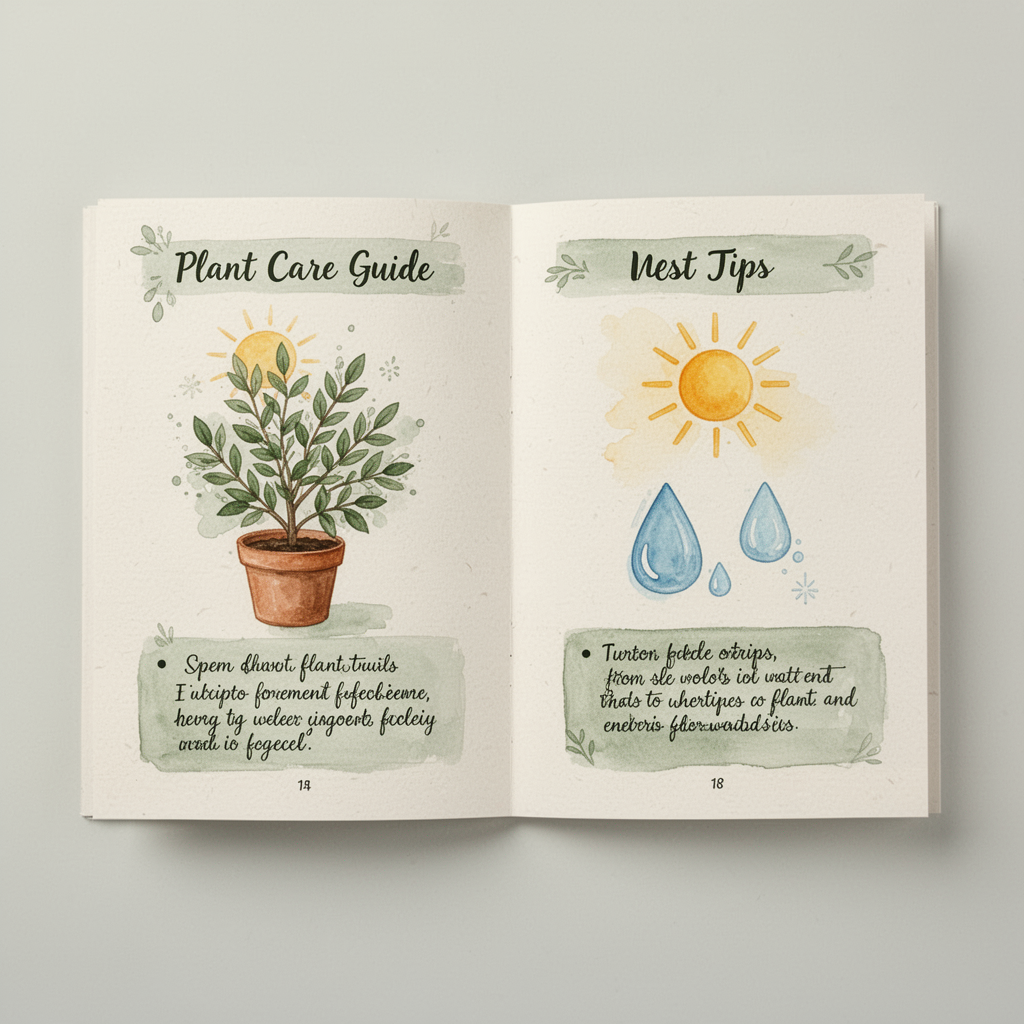 Open plant care guide booklet with watercolor illustrations