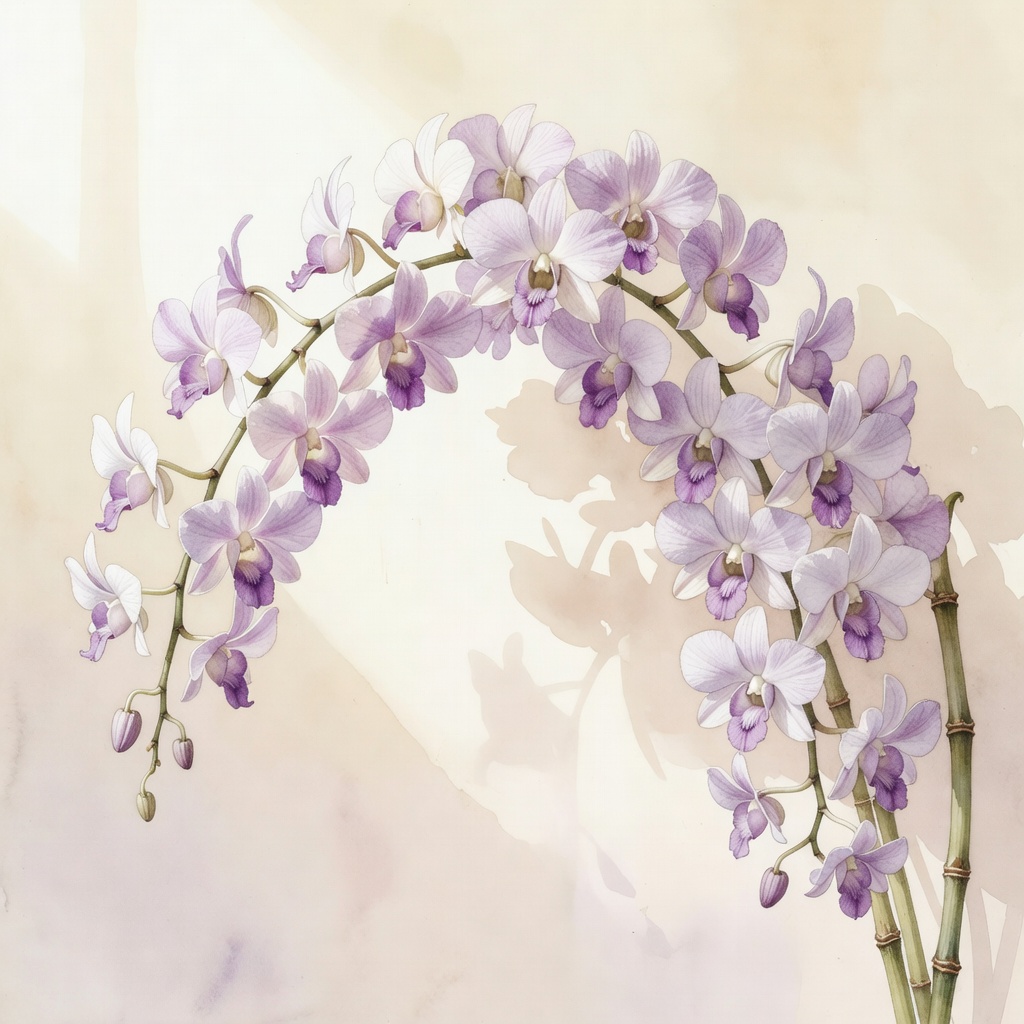 Watercolor illustration of a Dendrobium orchid with cascading lavender and white blooms