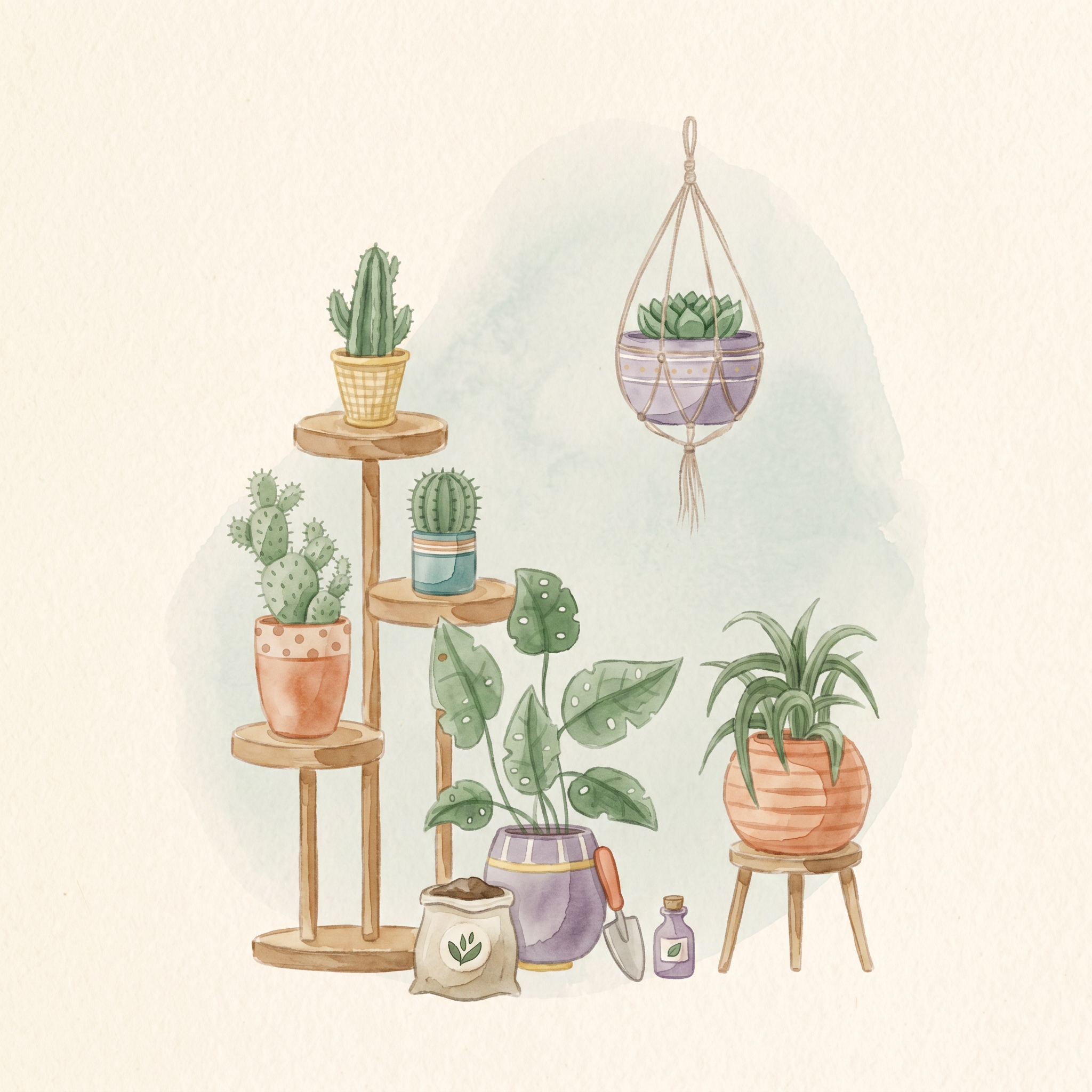 Apartment plants and supplies watercolor illustration