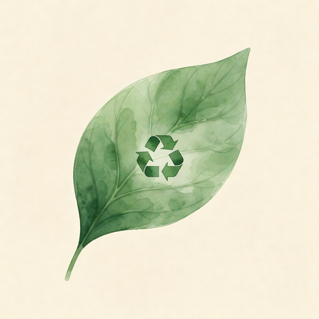 Green leaf with recycling symbol watercolor illustration