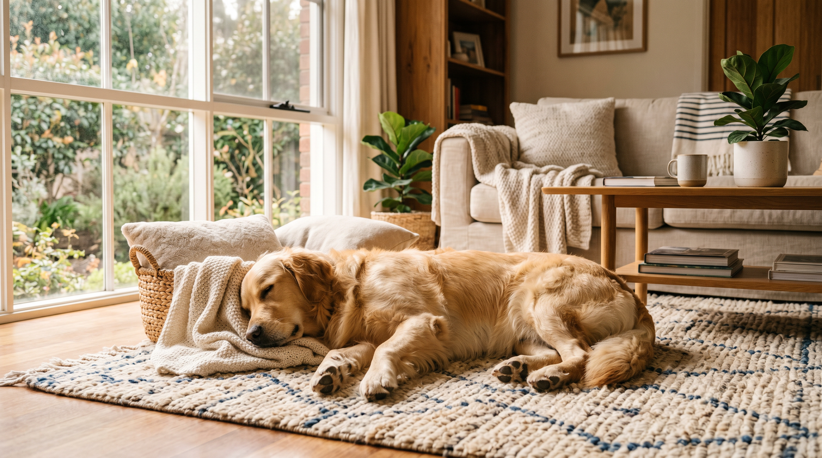 A happy, calm dog sleeping on a comfortable living room rug