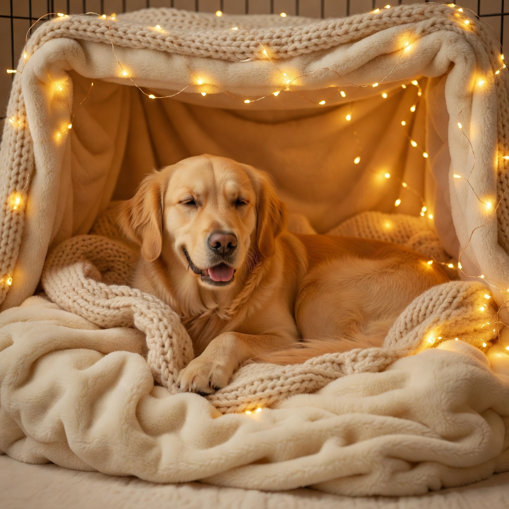 Cozy dog den setup with soft pillows and warm lighting