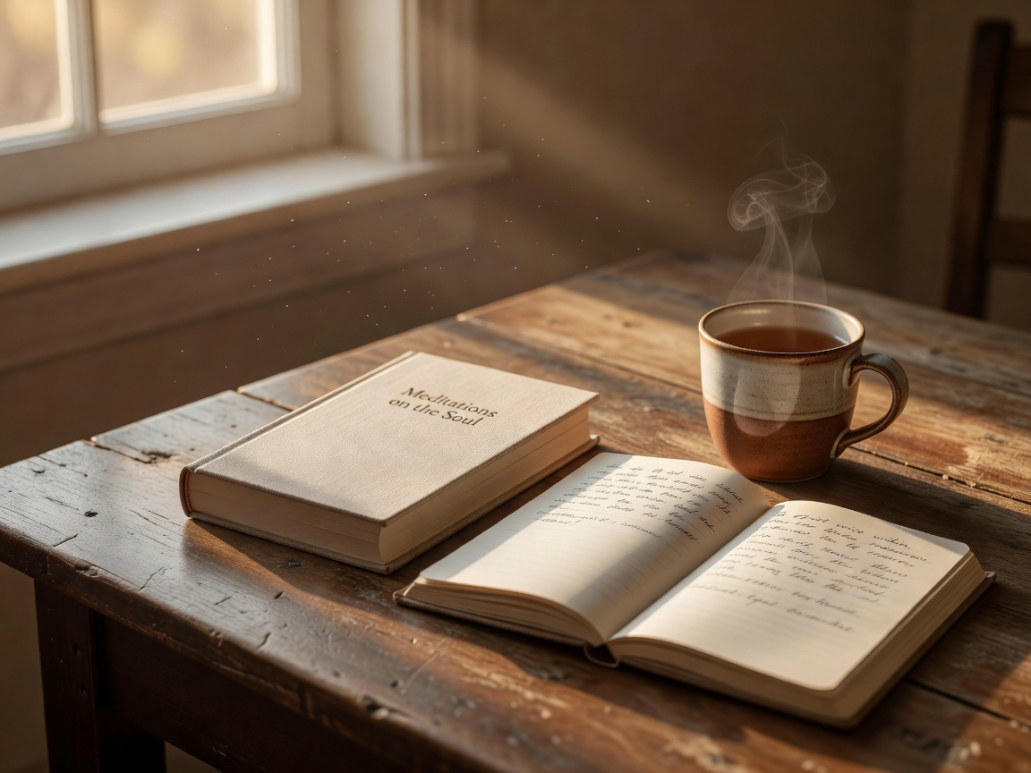 A linen bound book on a warm rustic desk with herbs