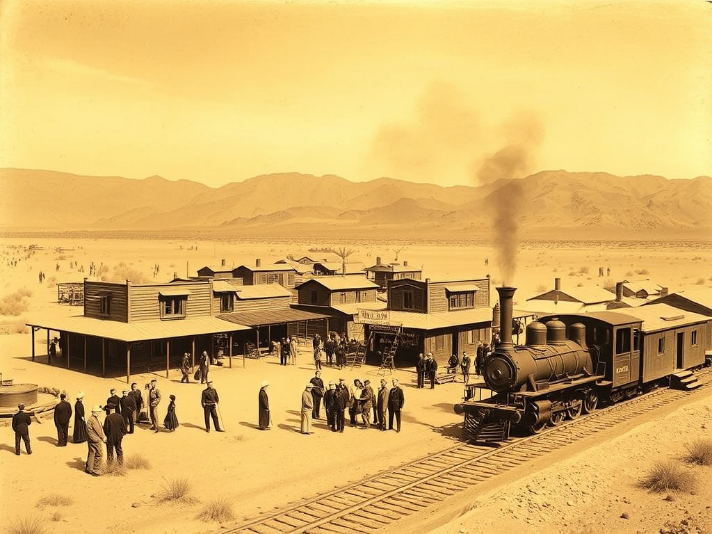1905 Las Vegas railroad town founding with steam locomotive