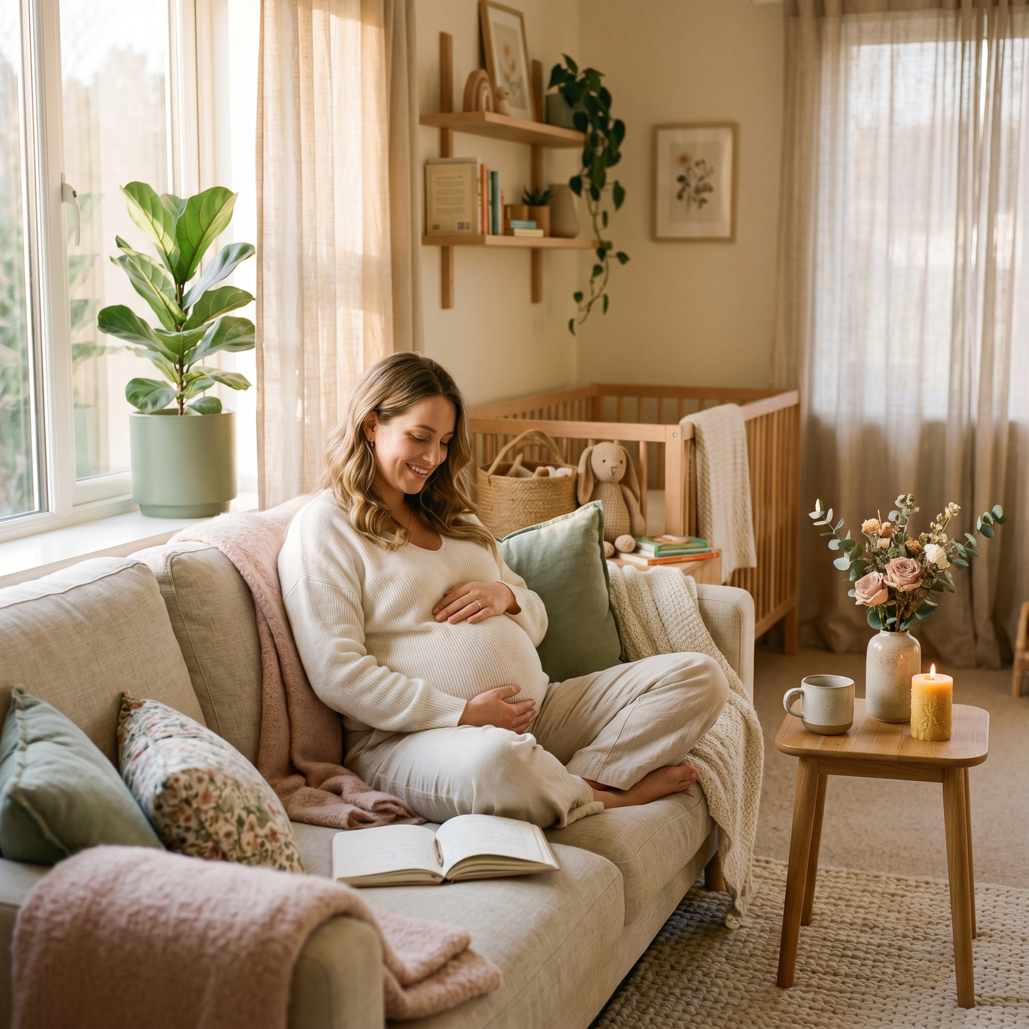 A beautiful, serene, and warm scene representing pregnancy emotional support
