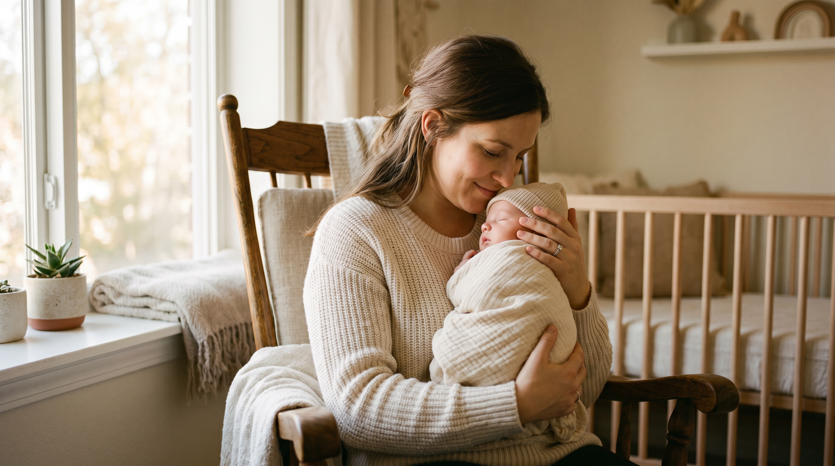 A mother tenderly holding her newborn baby, reflecting the warmth and care of postpartum support