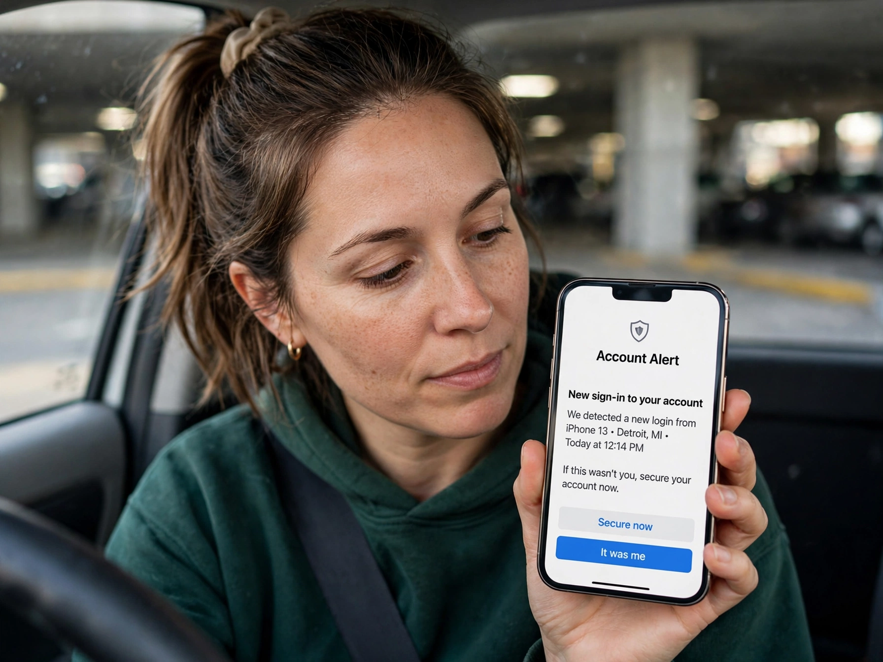 Rideshare driver reviewing an account notification on a smartphone
