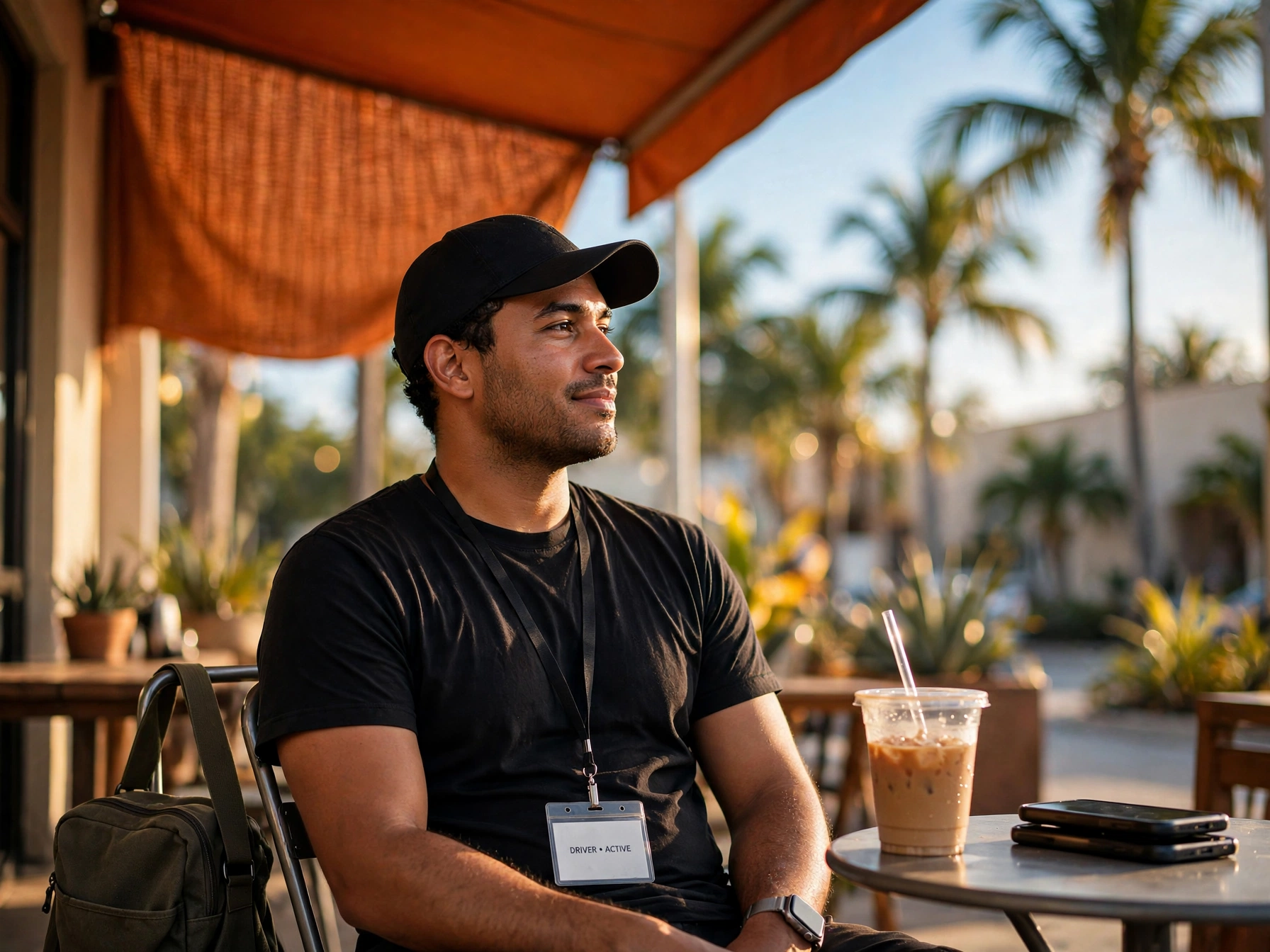Driver taking a short break at a coffee shop between shifts