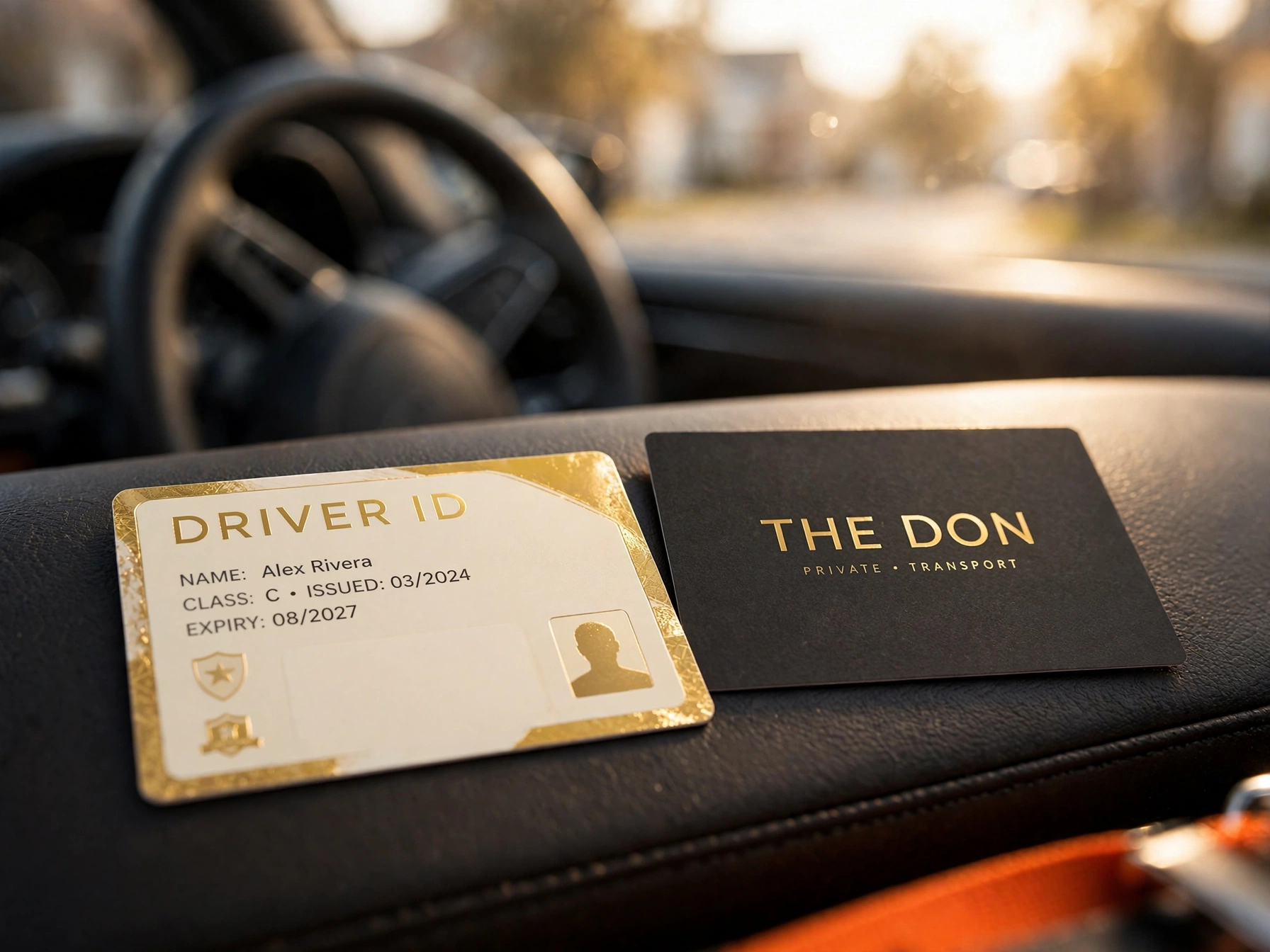 Driver ID card and business card laid on a car dashboard