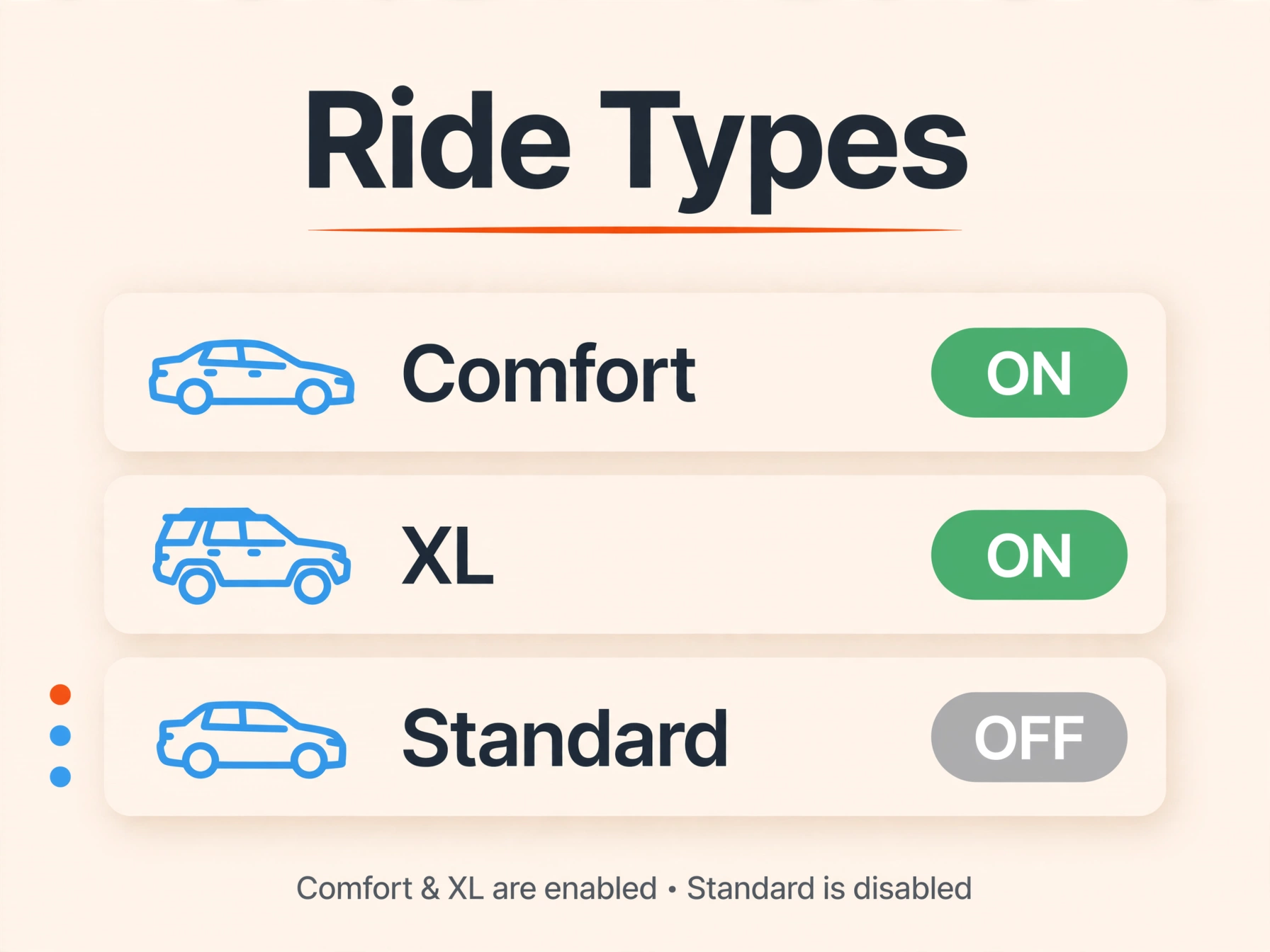 Ride type toggles with Extra Comfort and XL on and Standard off