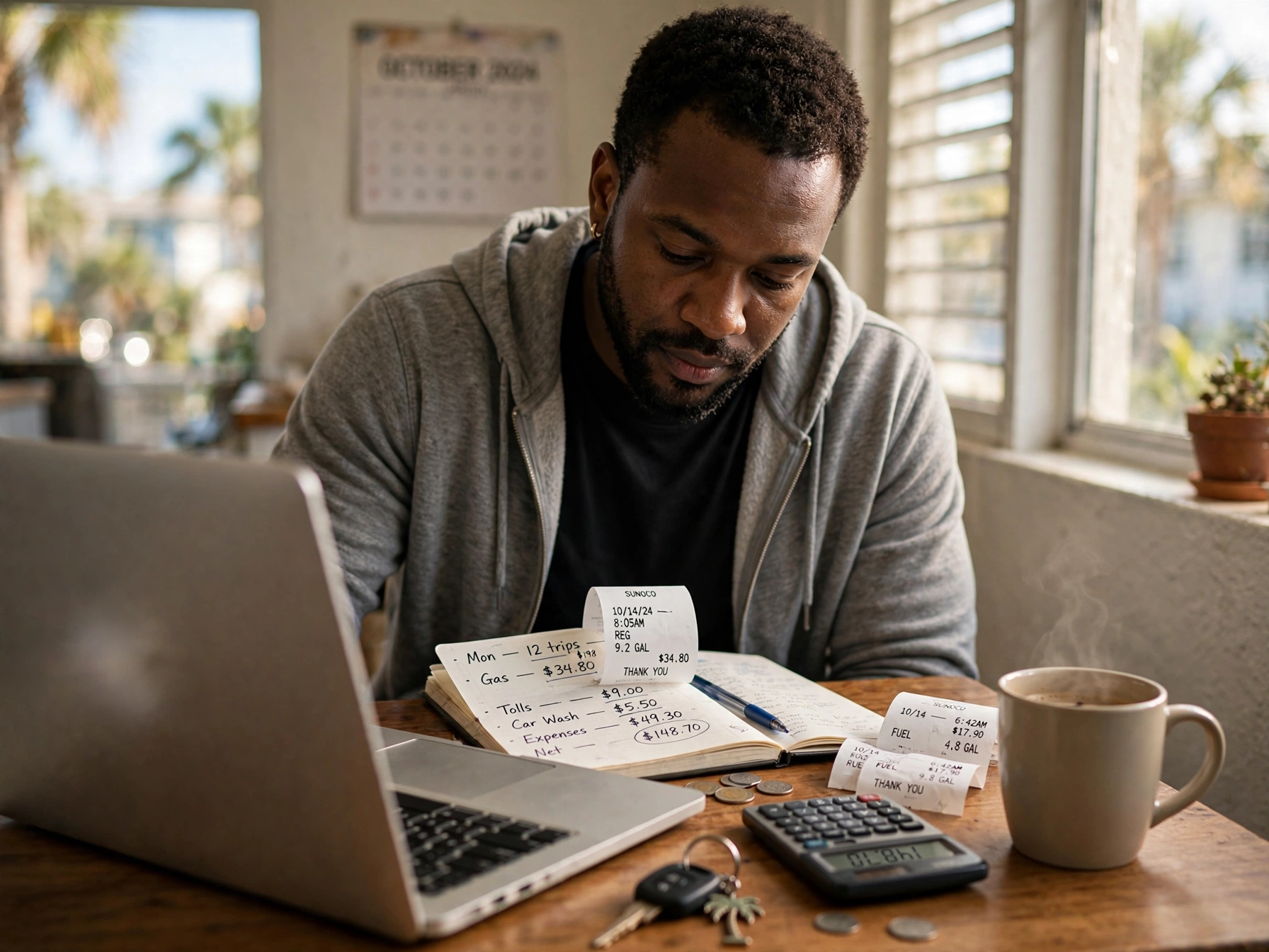Driver checking earnings and expenses on a laptop