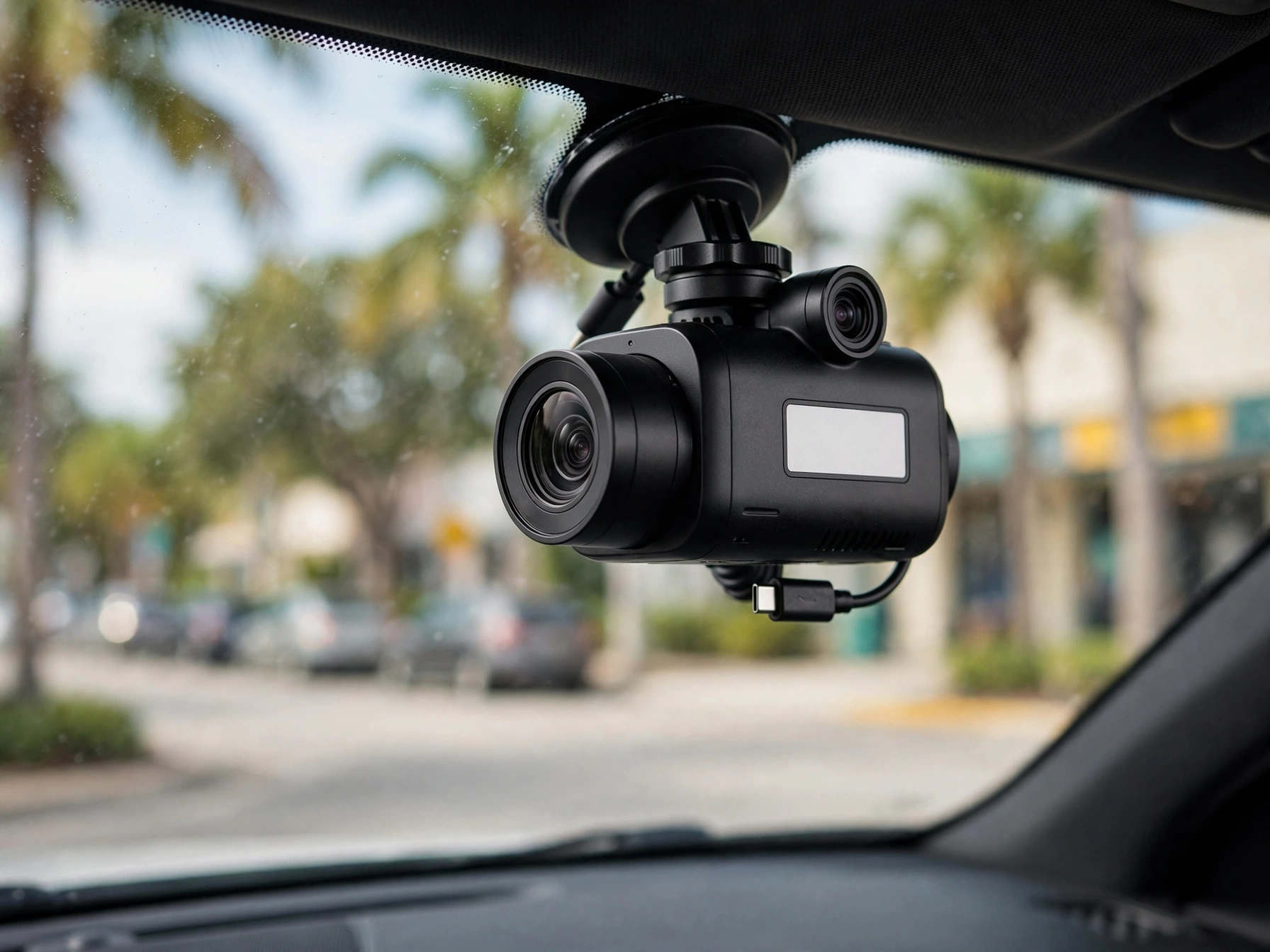 Dual-lens dashcam mounted on a windshield recording the road ahead and the cabin