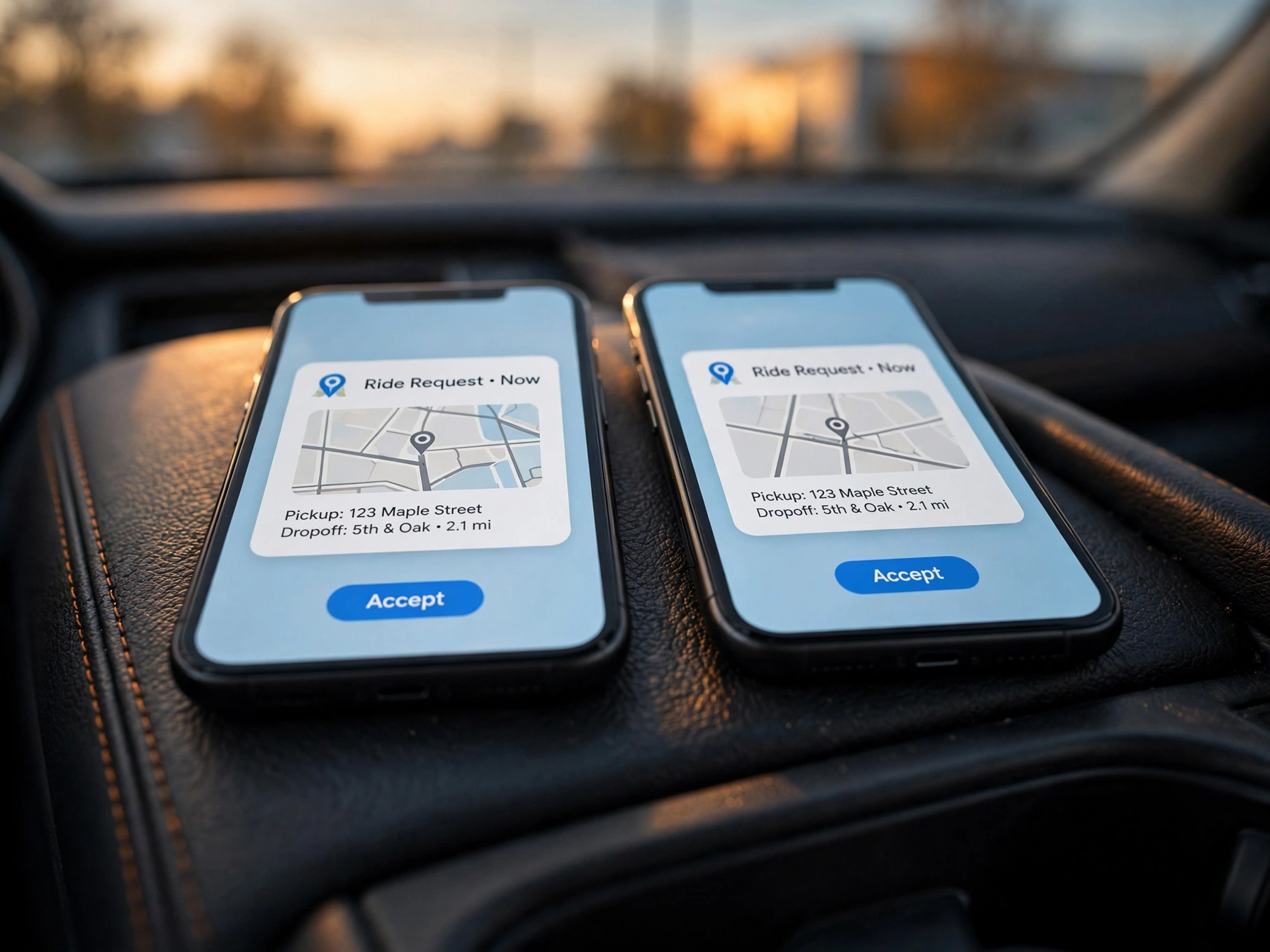 Close up of two ride request notifications side by side on separate phones