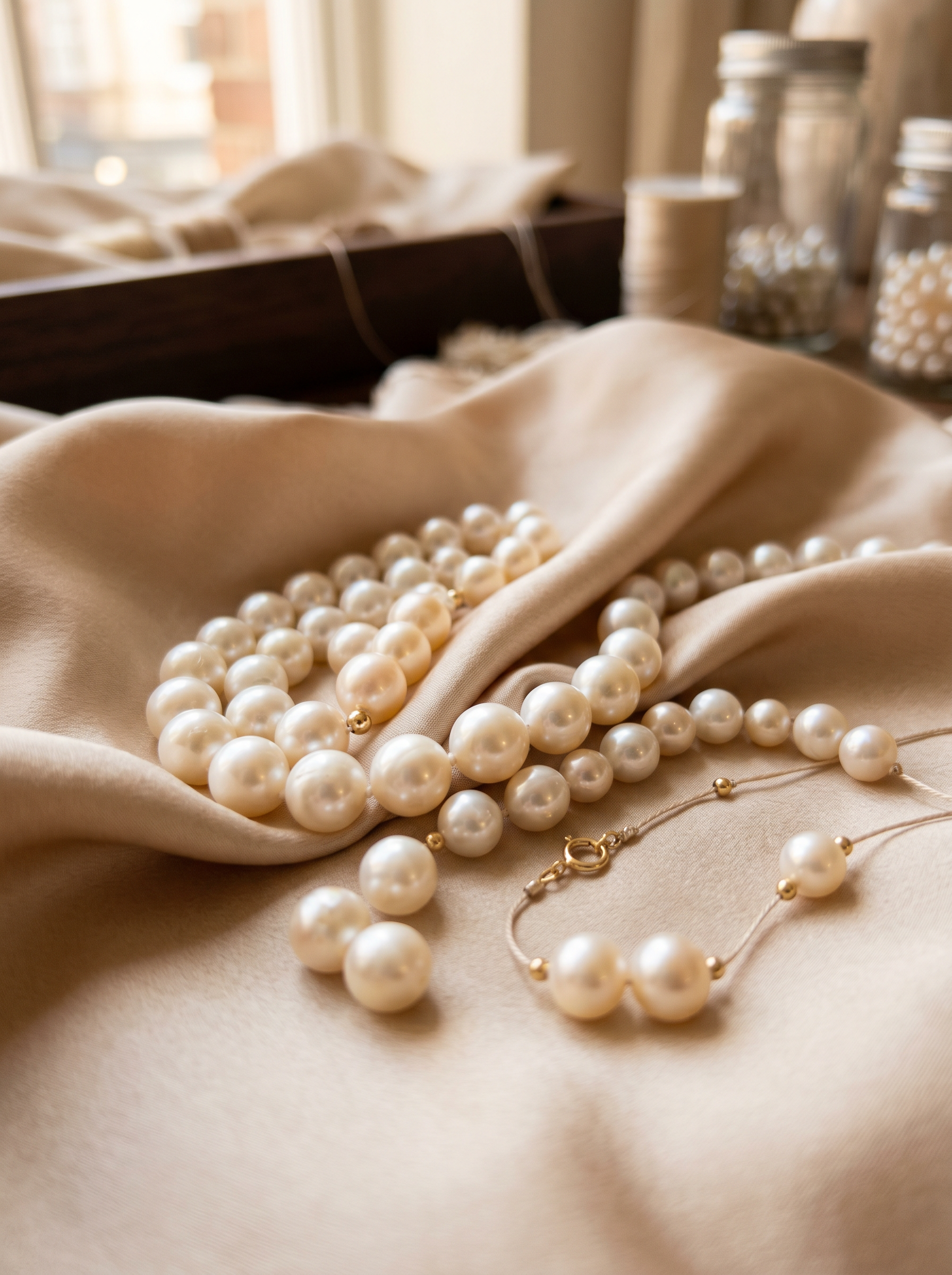 Lustrous freshwater and South Sea pearls on soft fabric