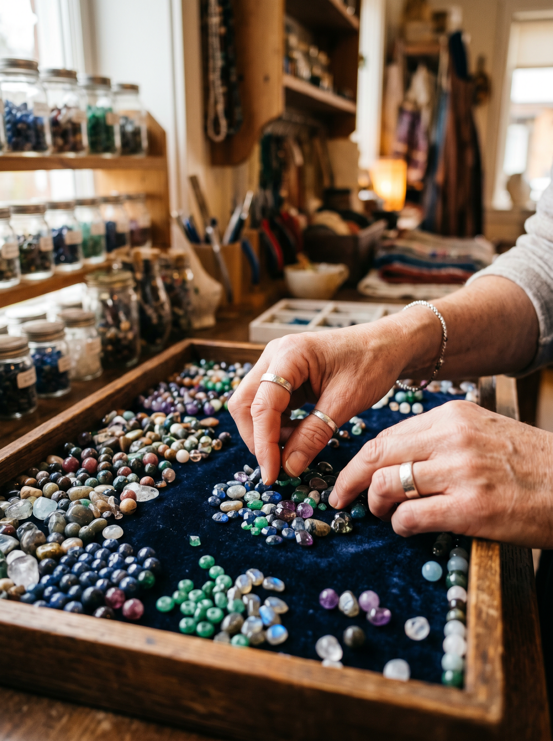 Wendy sorting through premium beads
