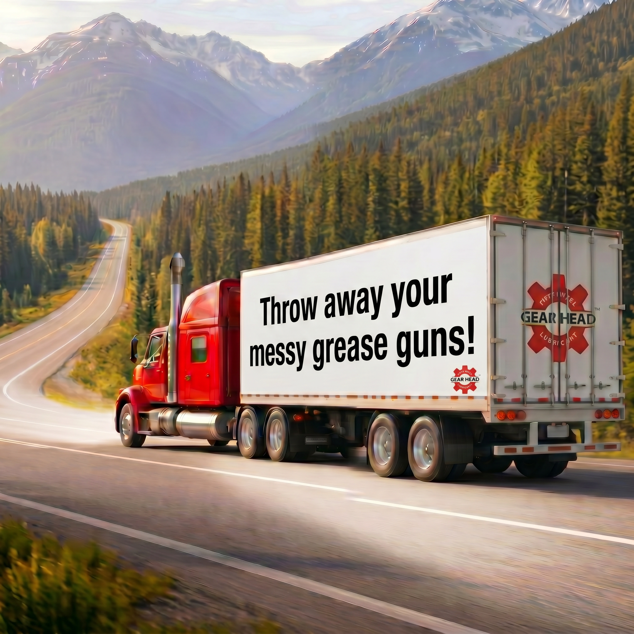 A cinematic, brightly lit shot of a red semi-truck on a mountain road. The trailer features the official Gear Head red-and-black logo and the text 'Throw away your messy grease guns!' on the side.