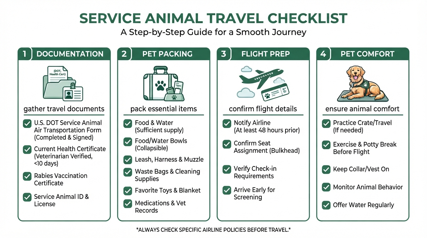 Service Animal Travel Preparation: Ultimate 30-Day DOT Checklist, Packing List & Pro Tips