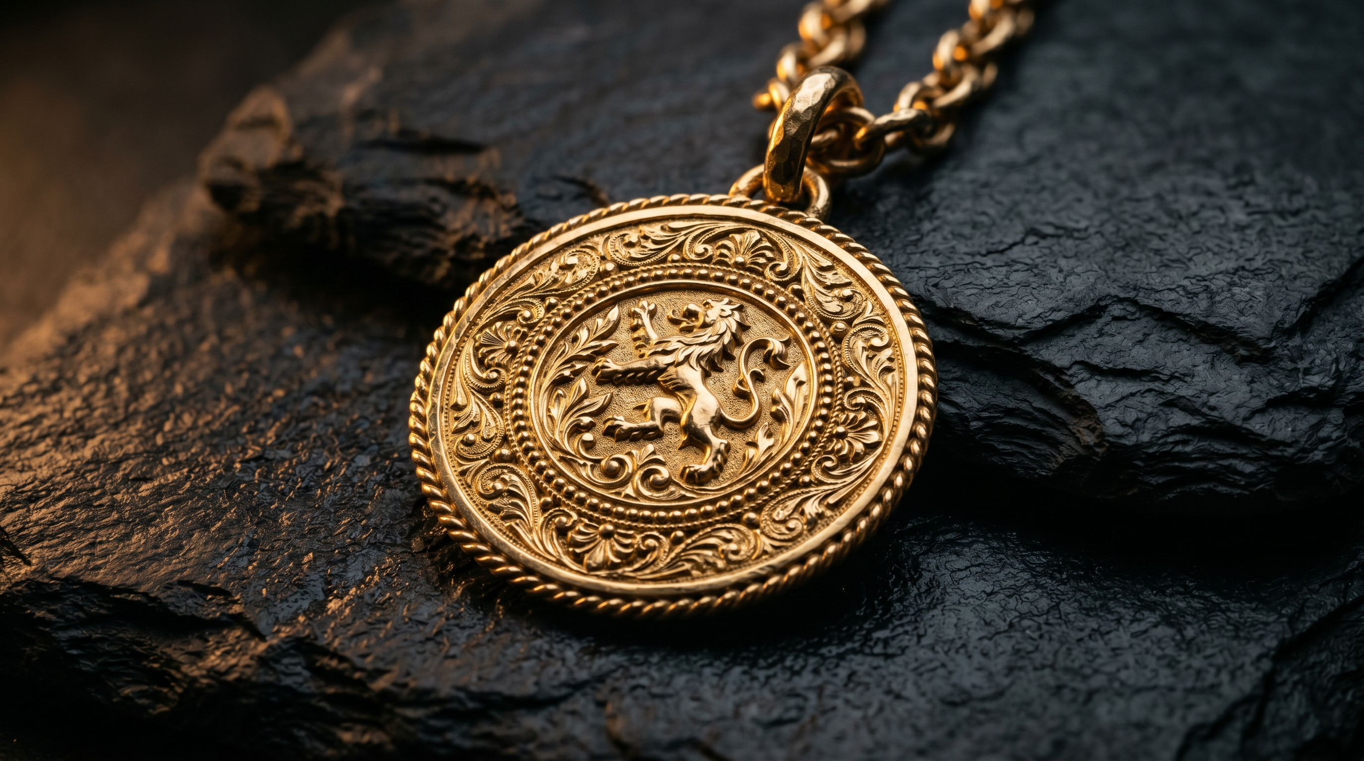 Exquisite custom 18k solid gold medallion pendant on dark slate stone surface