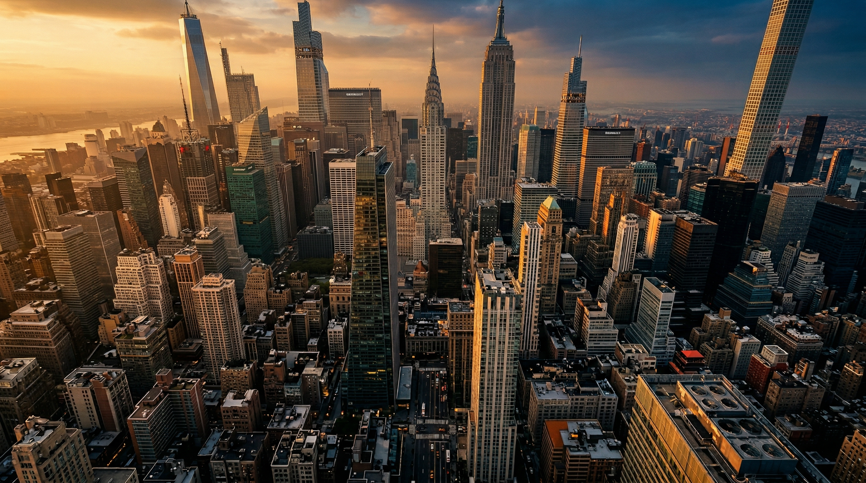 Aerial view of commercial real estate district at golden hour