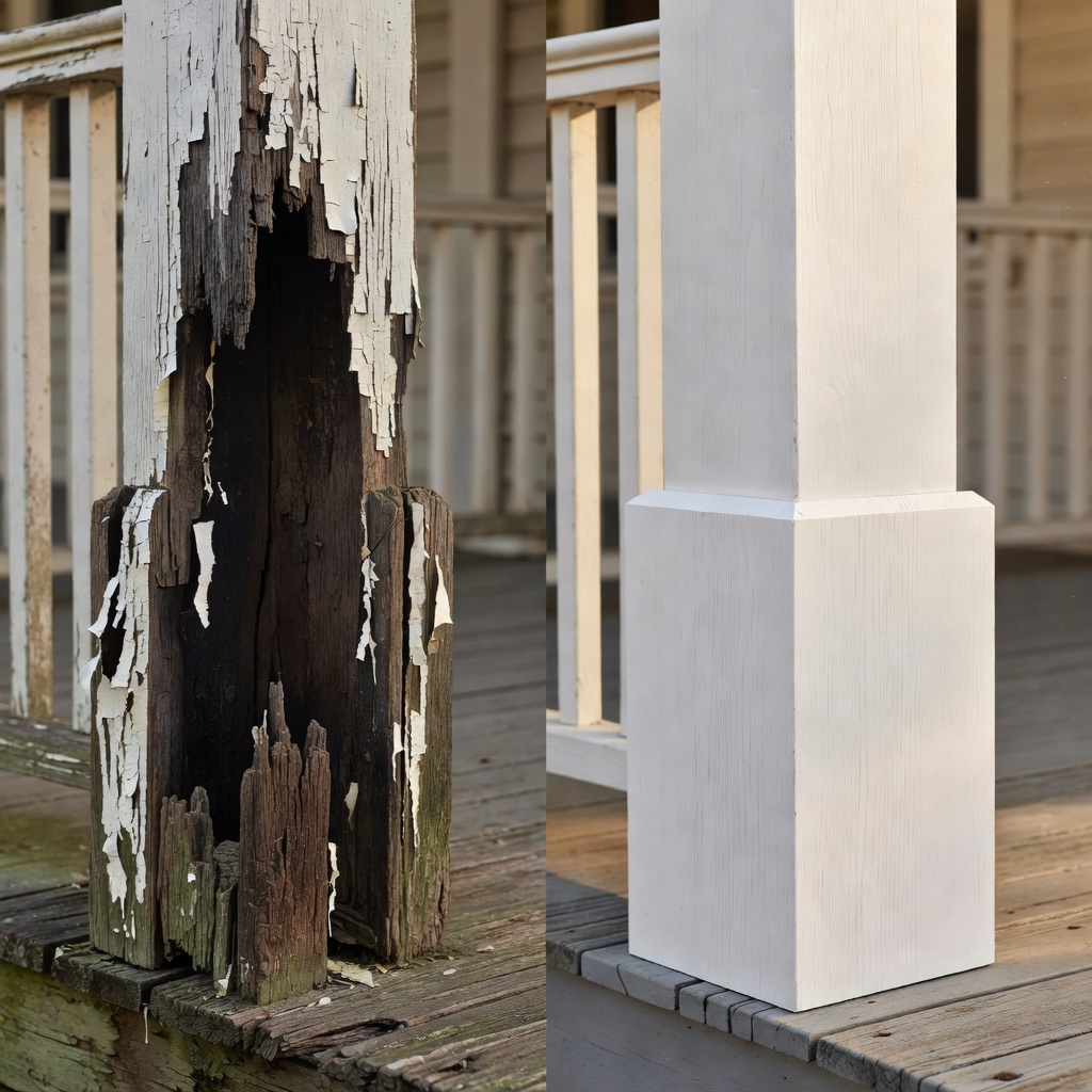 Rotted porch post base compared to a freshly replaced clean post