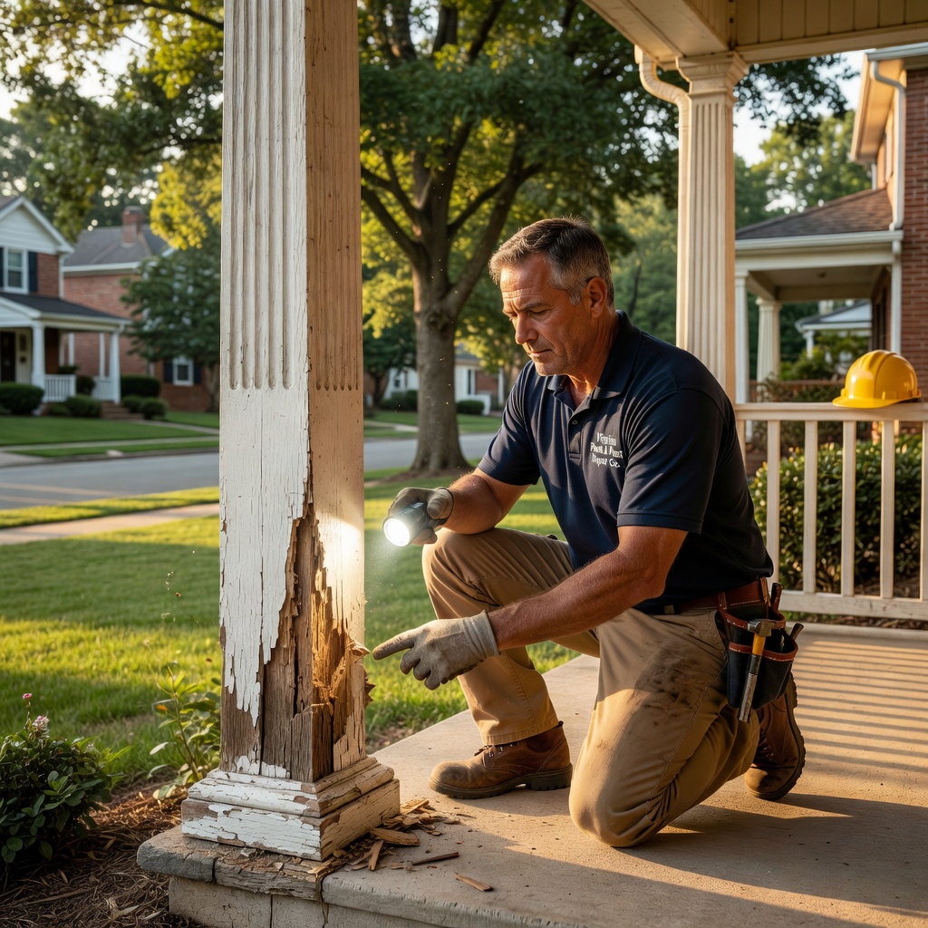 Professional contractor inspecting a porch