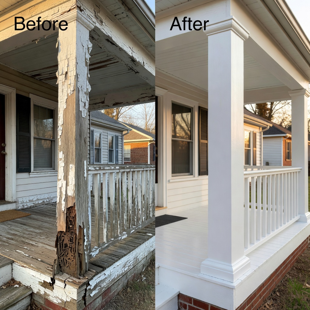 Before and after porch post repair