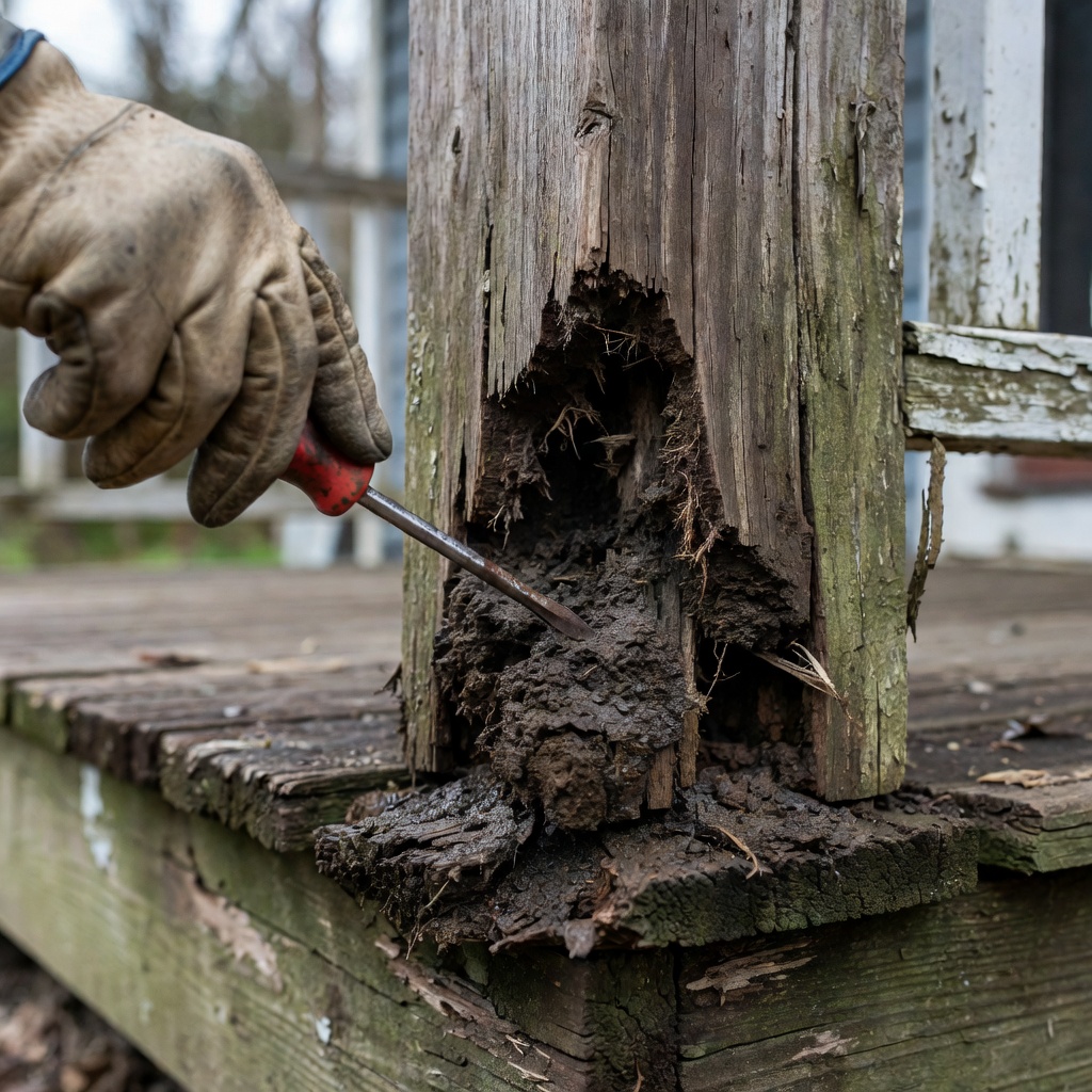 Contractor testing a porch post for soft rot with a screwdriver