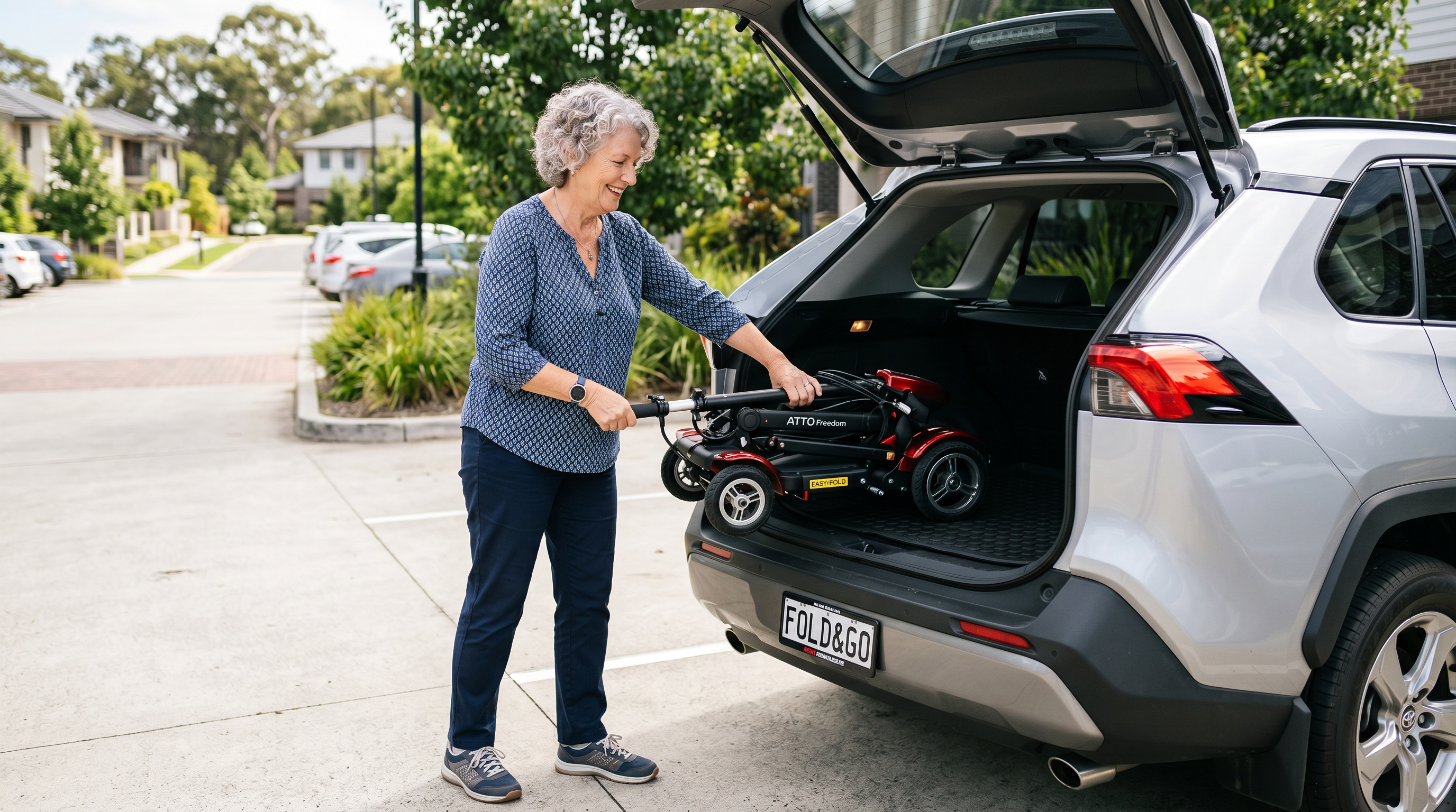 Portable mobility scooter being loaded into a car trunk.