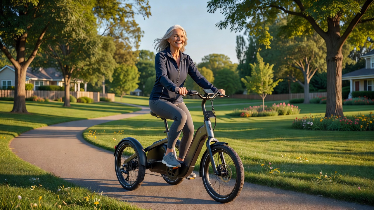 Woman enjoying independence and outdoor freedom on an electric tricycle