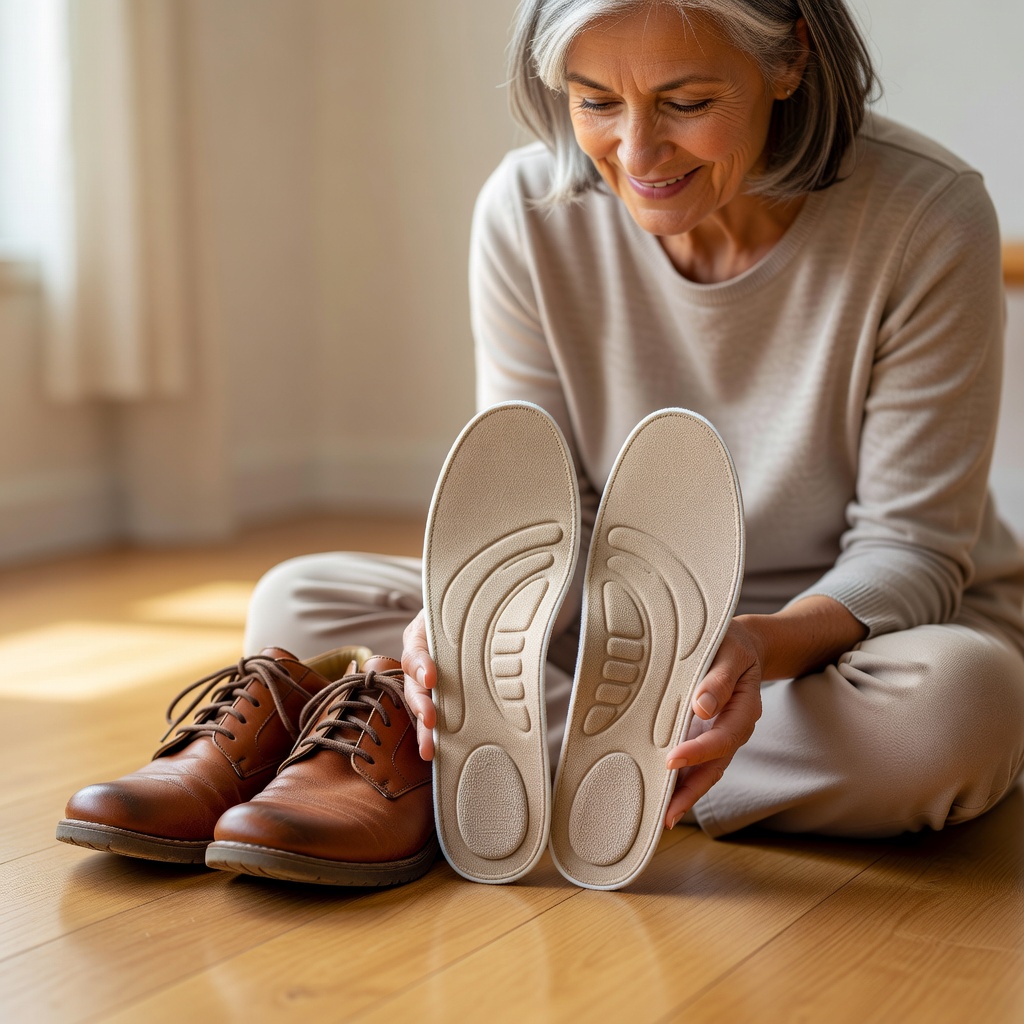 Person in their 60s holding supportive insoles next to their walking shoes