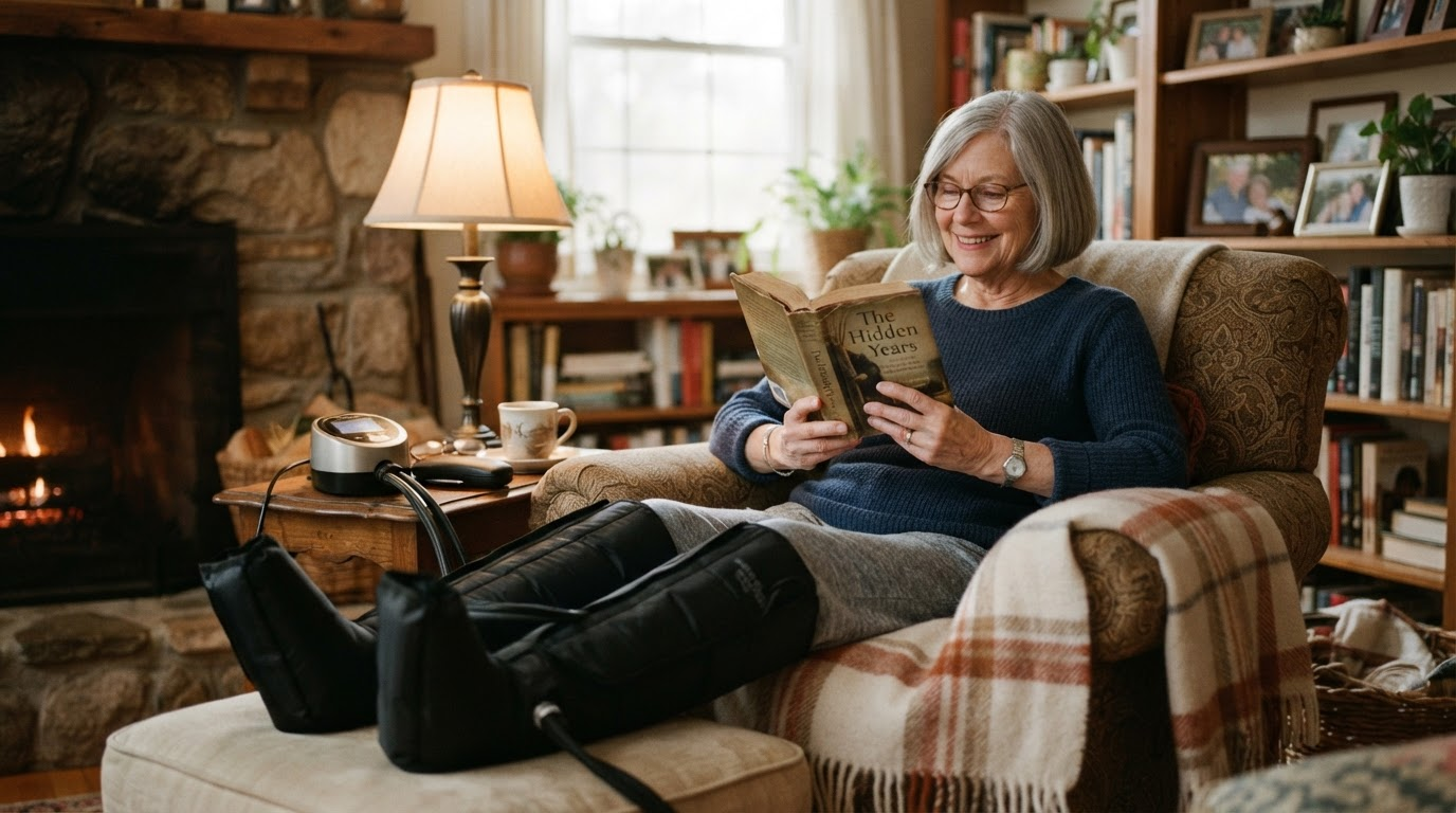 Older woman relaxing in a comfortable chair, using compression boots on her legs while reading a book