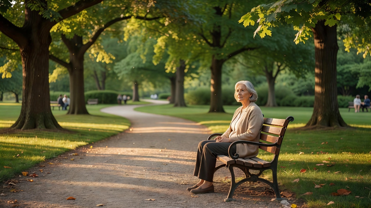 A woman around age 65-70 sitting on a park bench looking out at a path, pensive but peaceful
