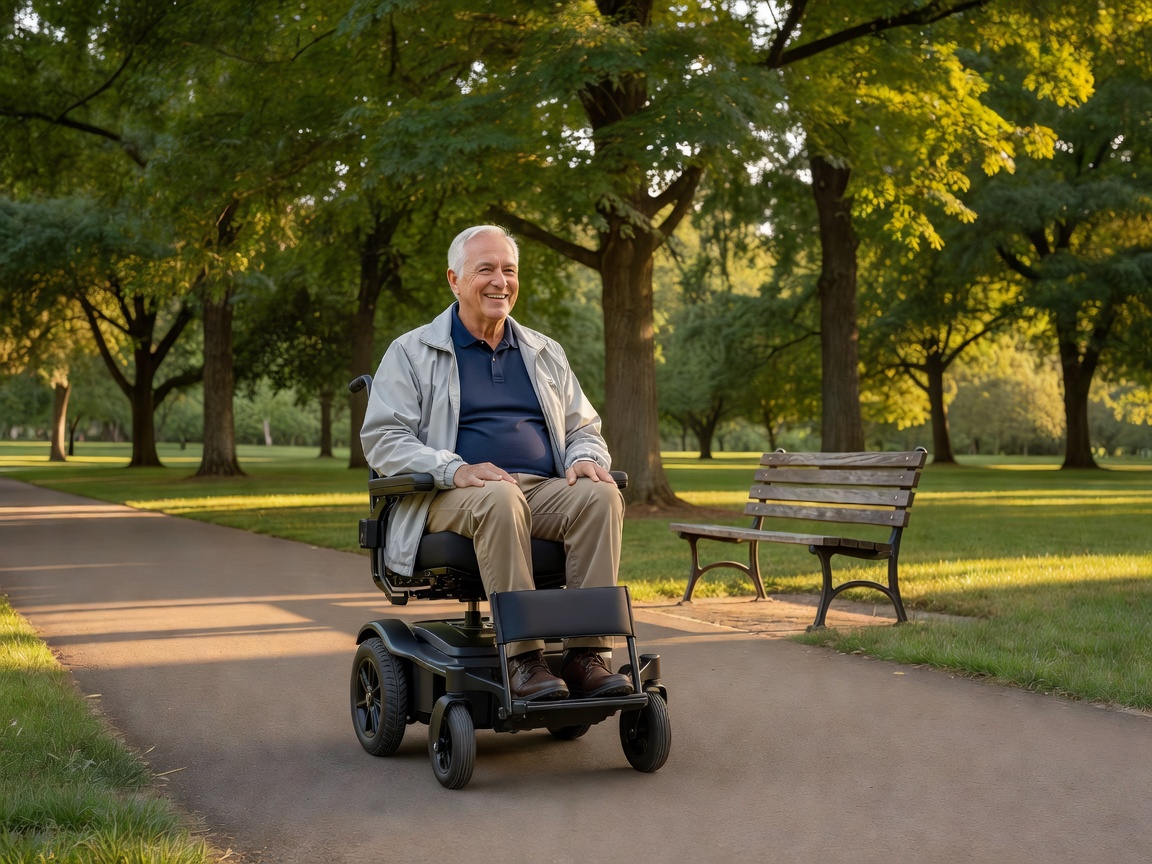A power chair being used on a park path, showing outdoor capability.