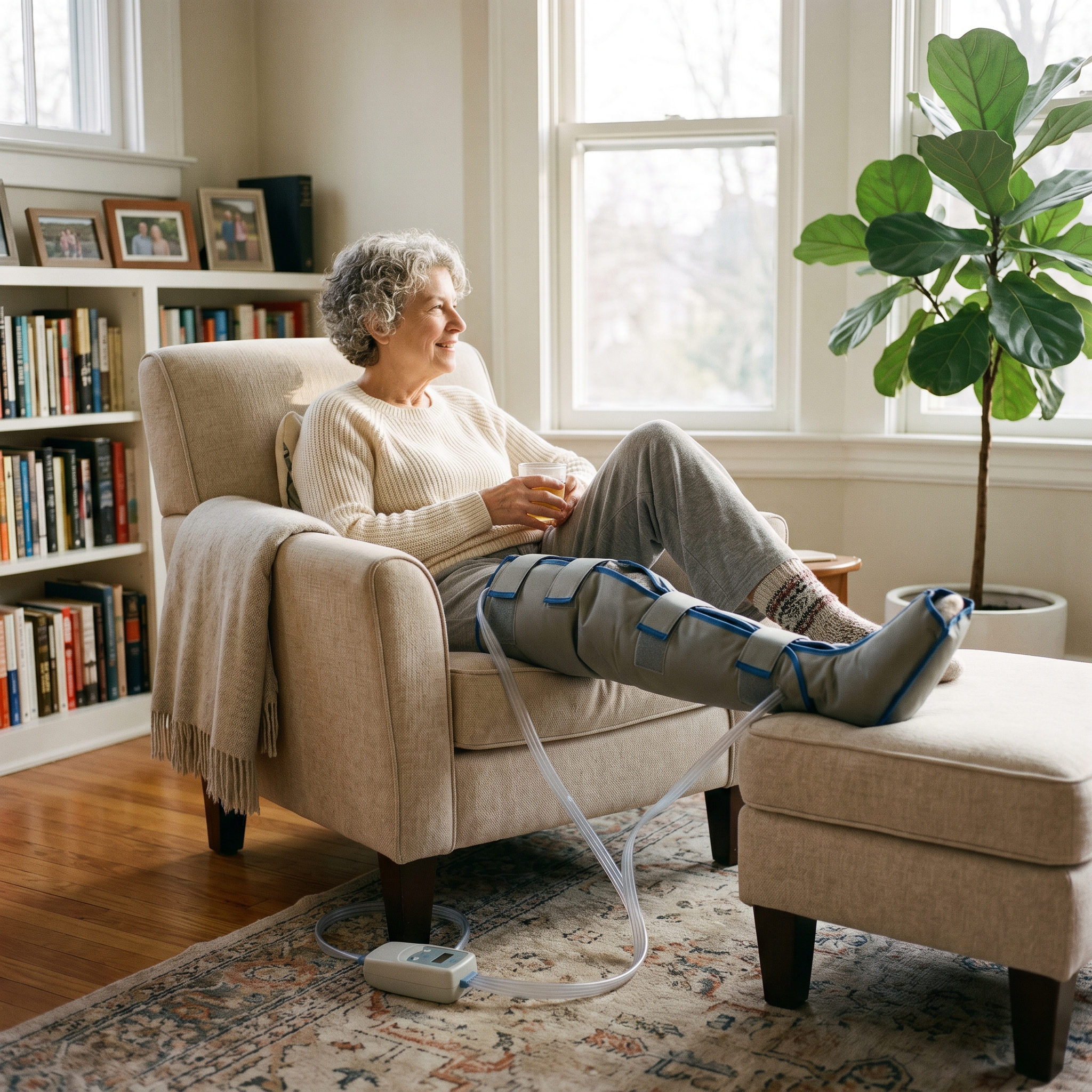 Older adult relaxing at home using comfortable everyday compression boots