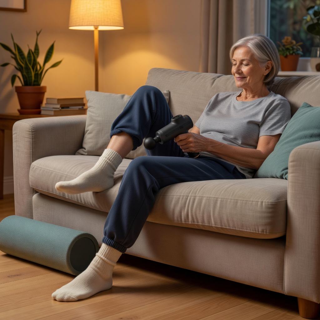 Person in their 60s using a massage gun on their calf after a walk