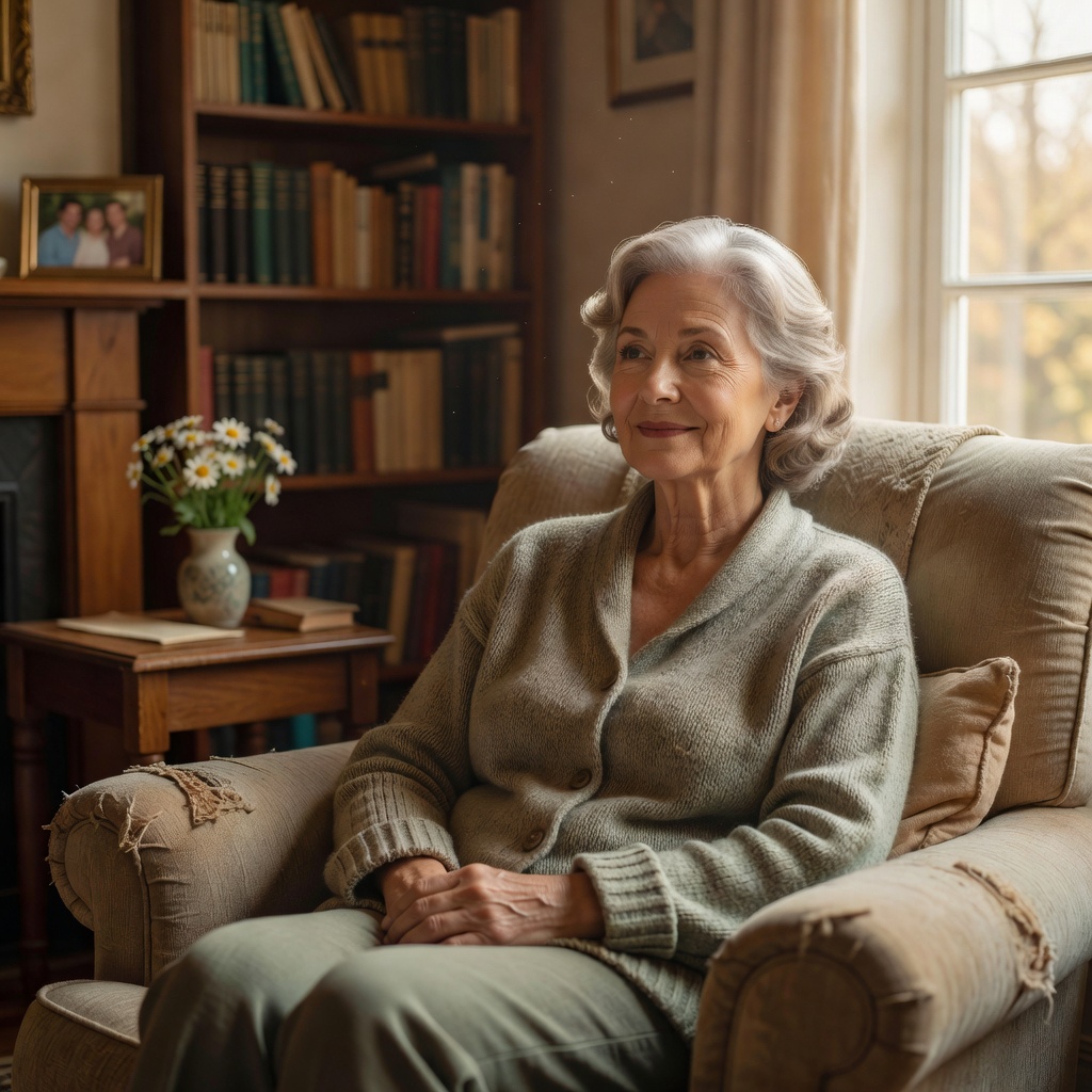 A thoughtful and hopeful senior woman sitting in her living room