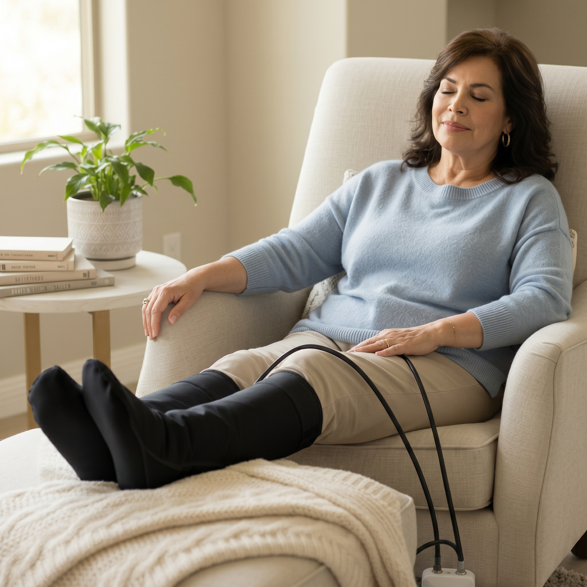 A woman relaxing at home with leg recovery support, showing the relief phase