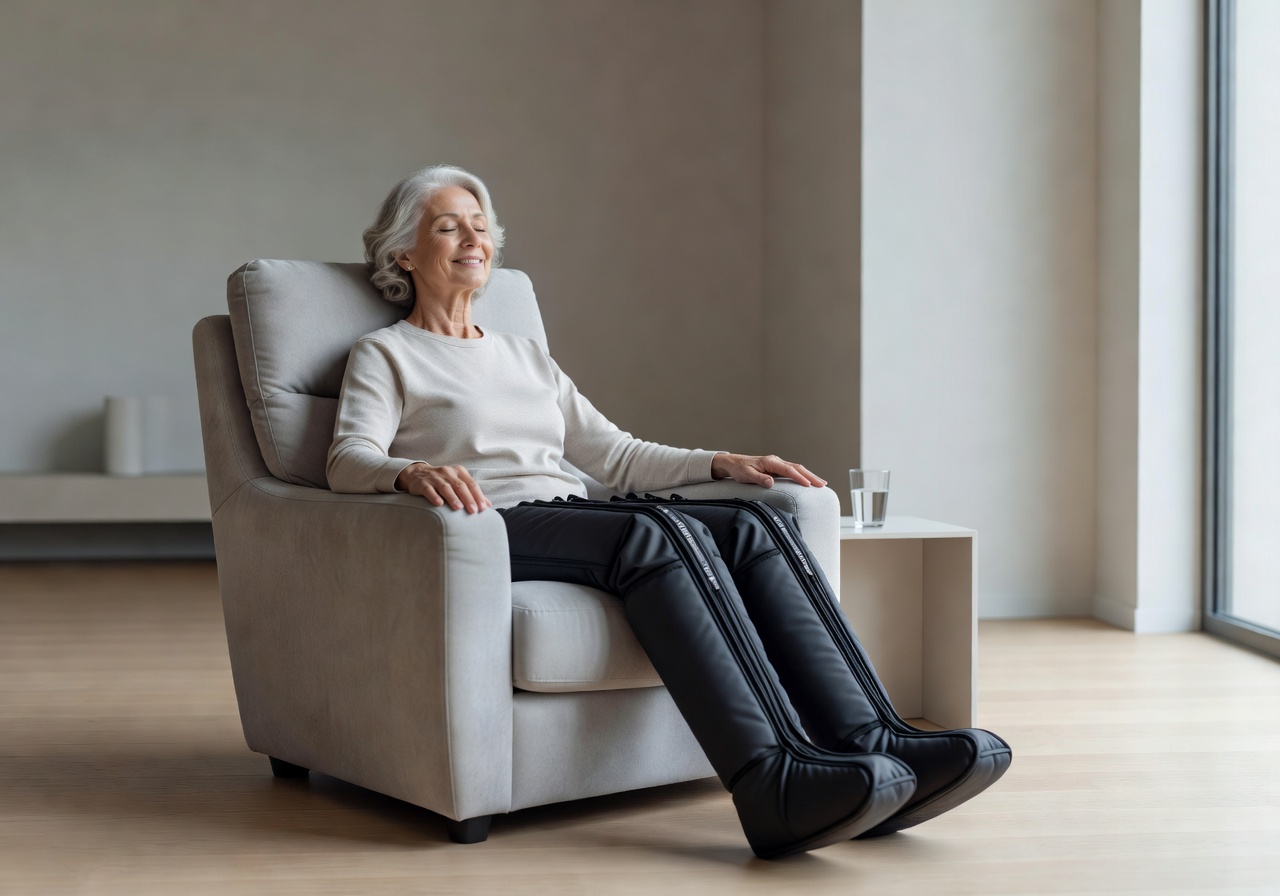 An older woman relaxing comfortably in a beautiful living room while using Air Relax full-leg compression boots