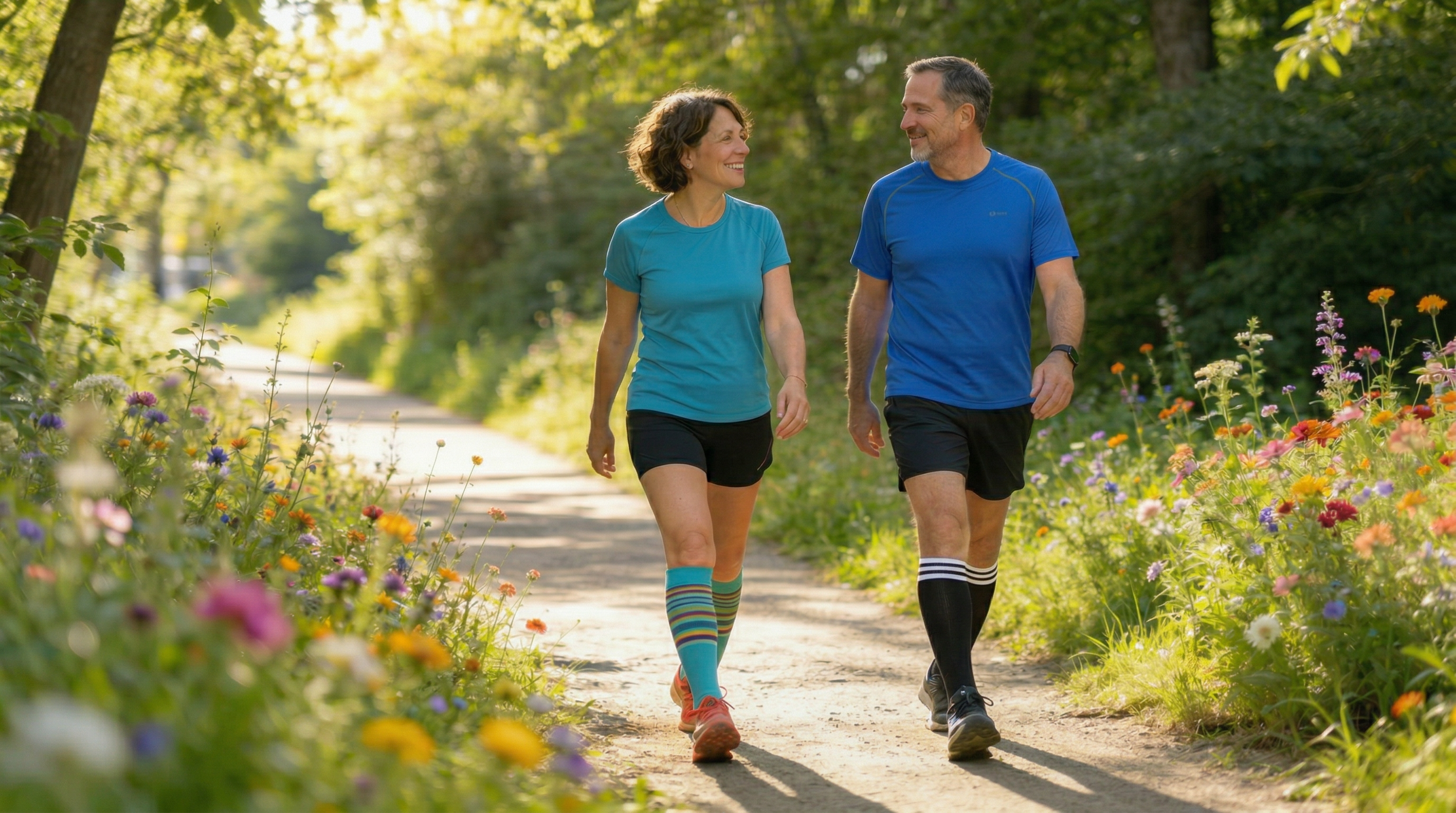 A couple walking together on a sunny flower-lined path, both wearing colorful knee-high compression socks