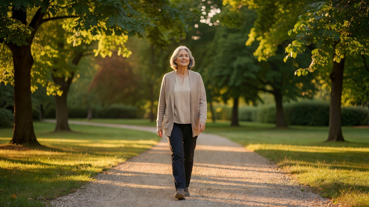 A woman around age 65-70 walking on a sunny park path with gentle afternoon light