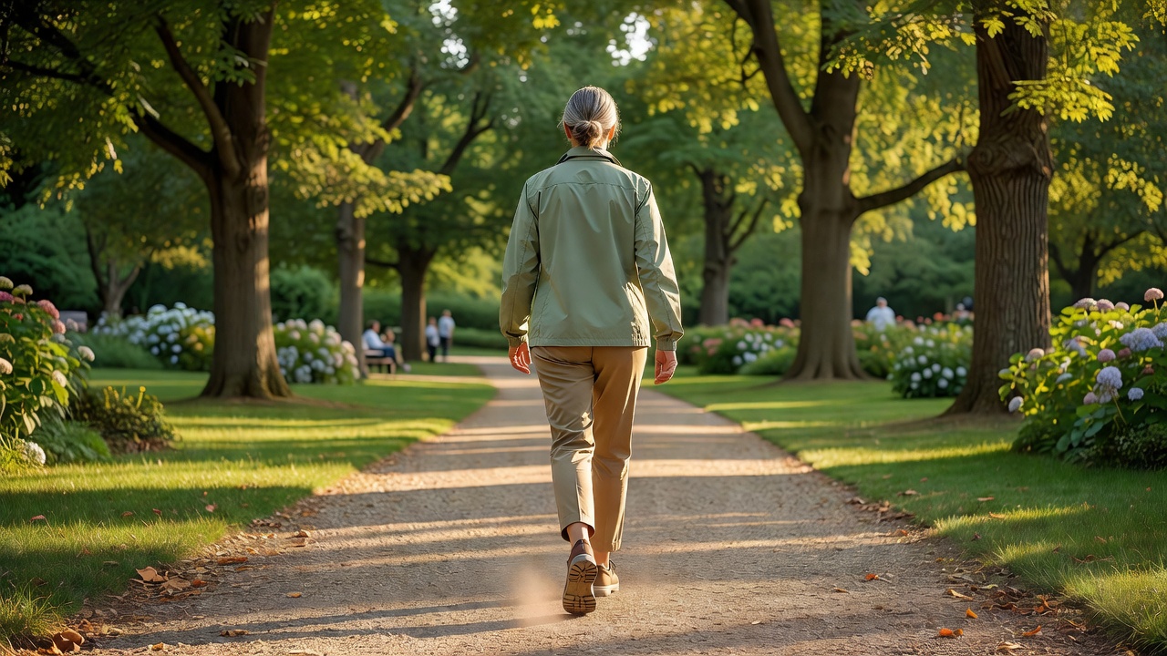 A confident older woman walking outdoors on a park path