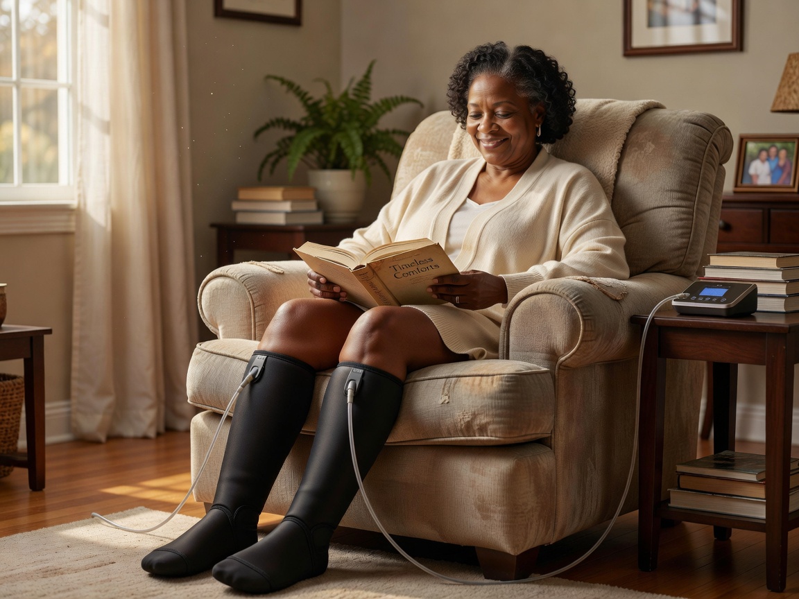An older Black woman relaxing in a comfortable armchair at home while using FIT KING foot and calf compression massagers